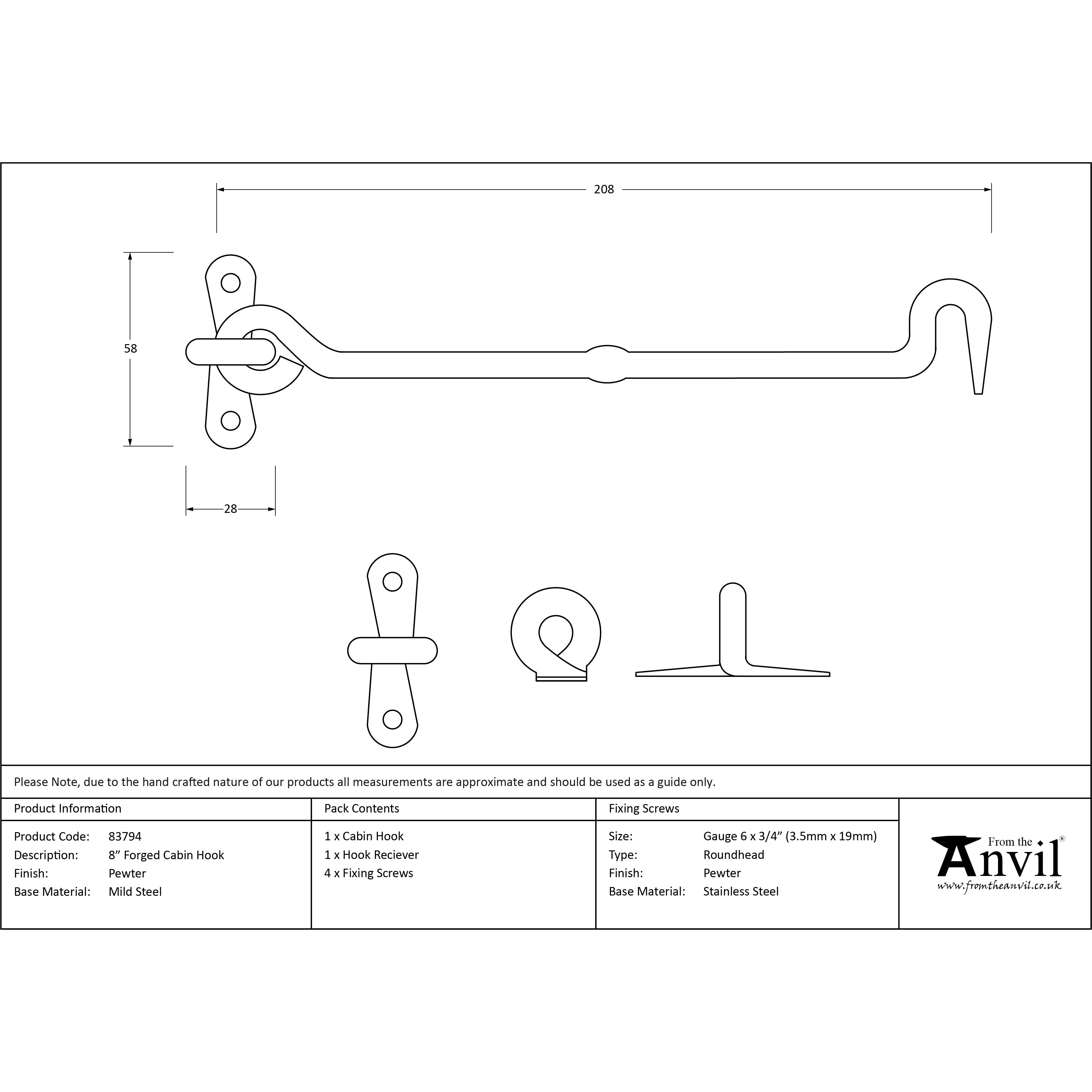 Pewter 8" Forged Cabin Hook | From The Anvil-Cabin Hooks-Yester Home