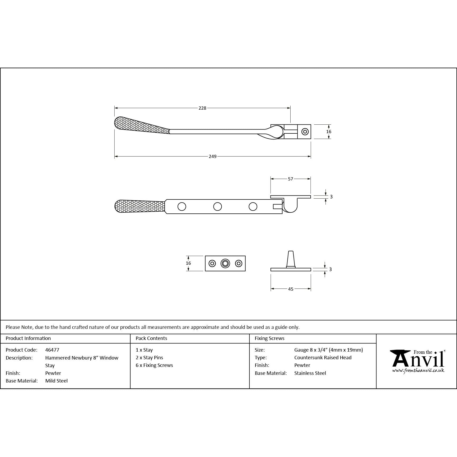 Pewter 8" Hammered Newbury Stay | From The Anvil - Stays - From The Anvil - Yester Home