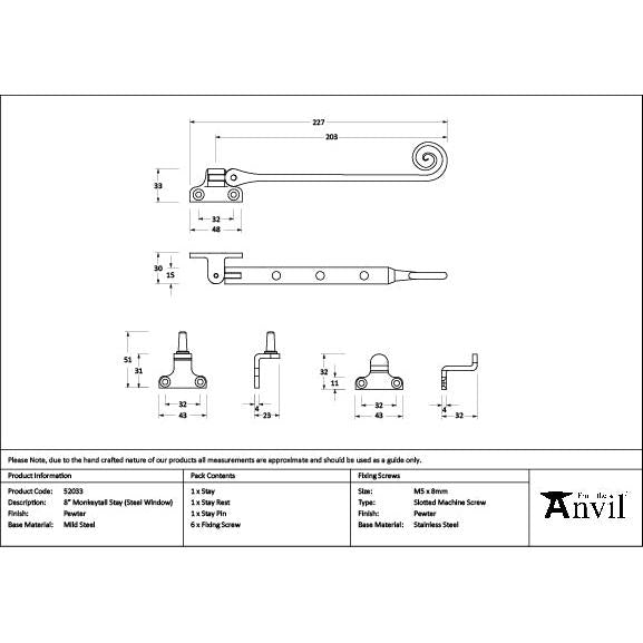 Pewter 8" Monkeytail Stay (Steel Window) - Stays - From The Anvil - Yester Home