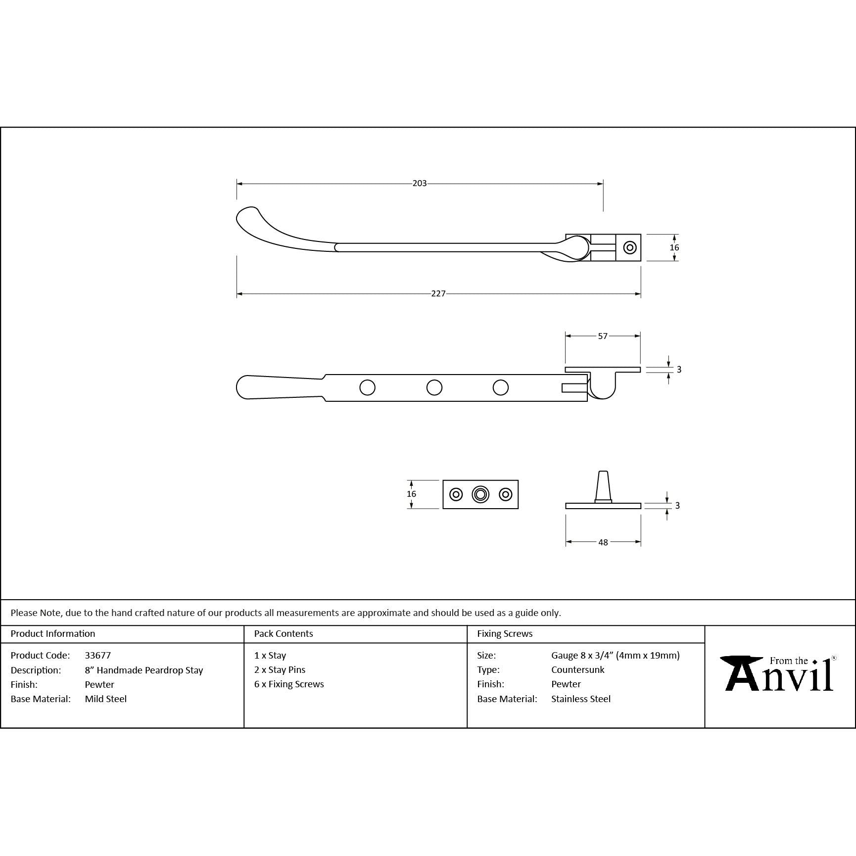 Pewter 8" Peardrop Stay | From The Anvil - Stays - From The Anvil - Yester Home