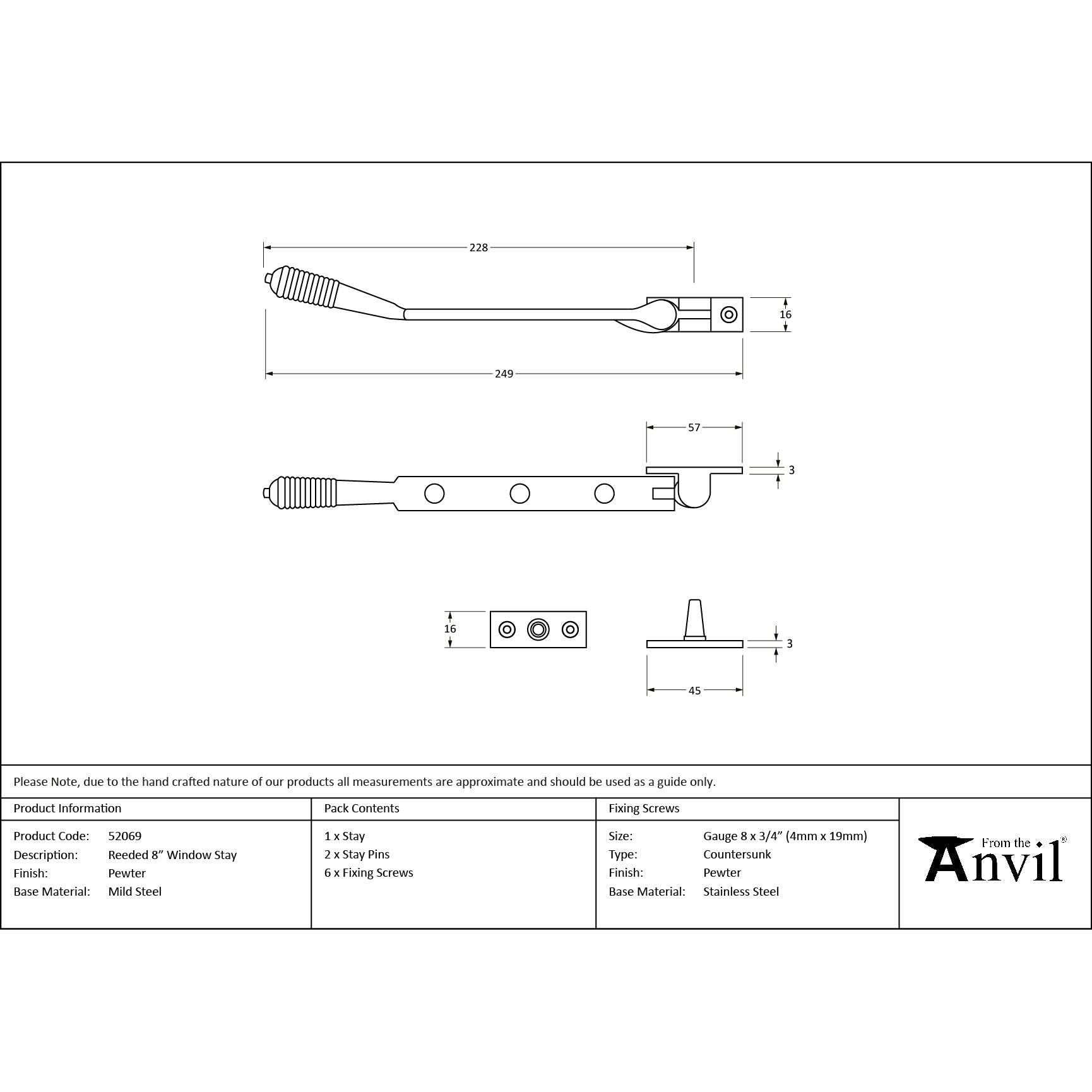 Pewter 8" Reeded Stay - Stays - From The Anvil - Yester Home
