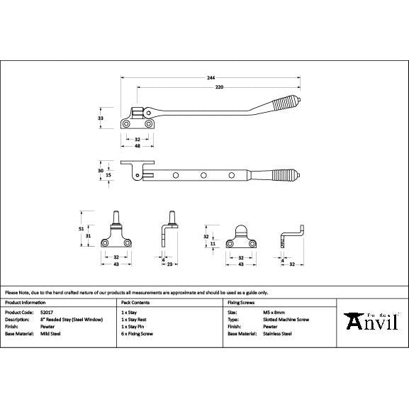Pewter 8" Reeded Stay (Steel Window) - Stays - From The Anvil - Yester Home