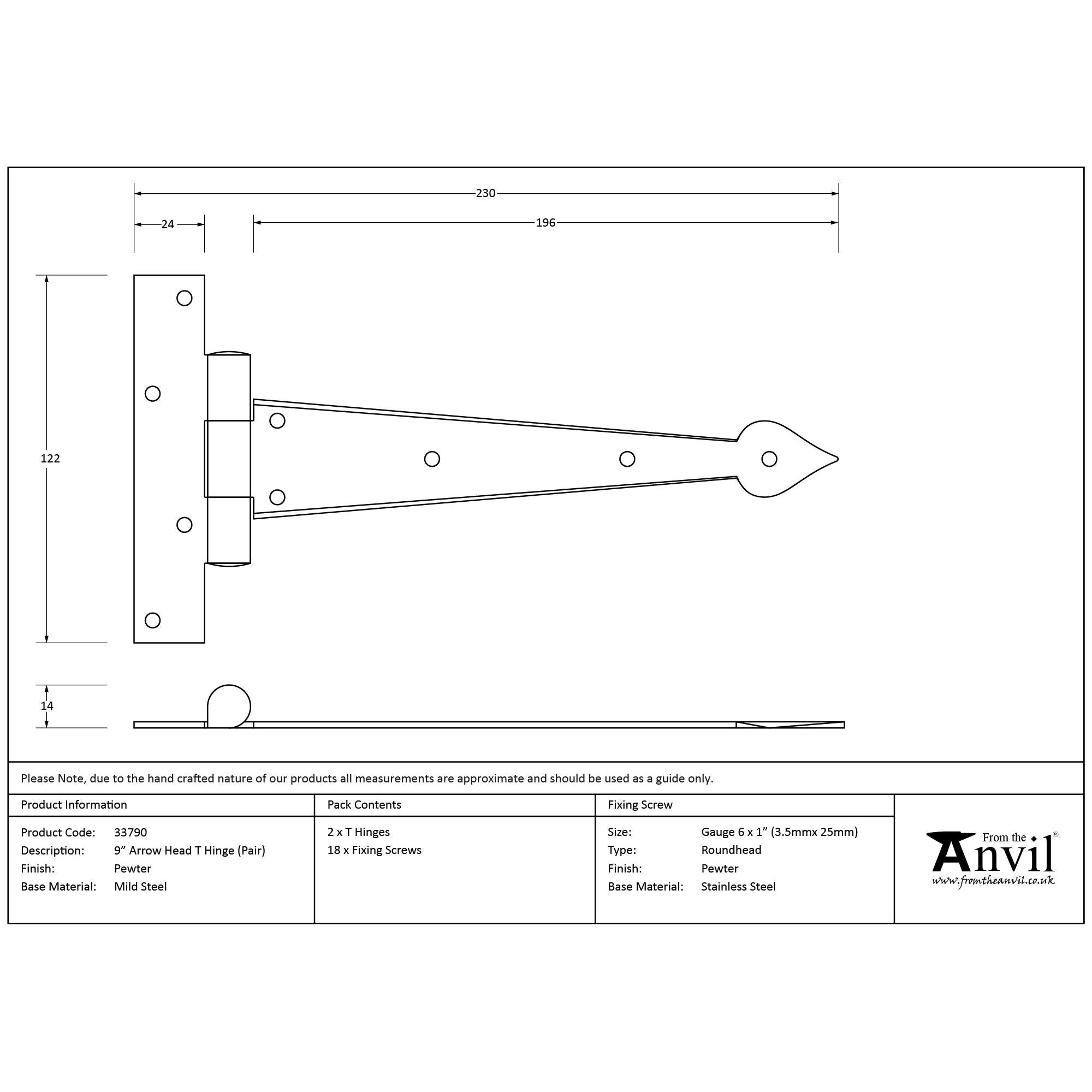 Pewter 9" Arrow Head T Hinge (pair) | From The Anvil - T Hinges - From The Anvil - Yester Home