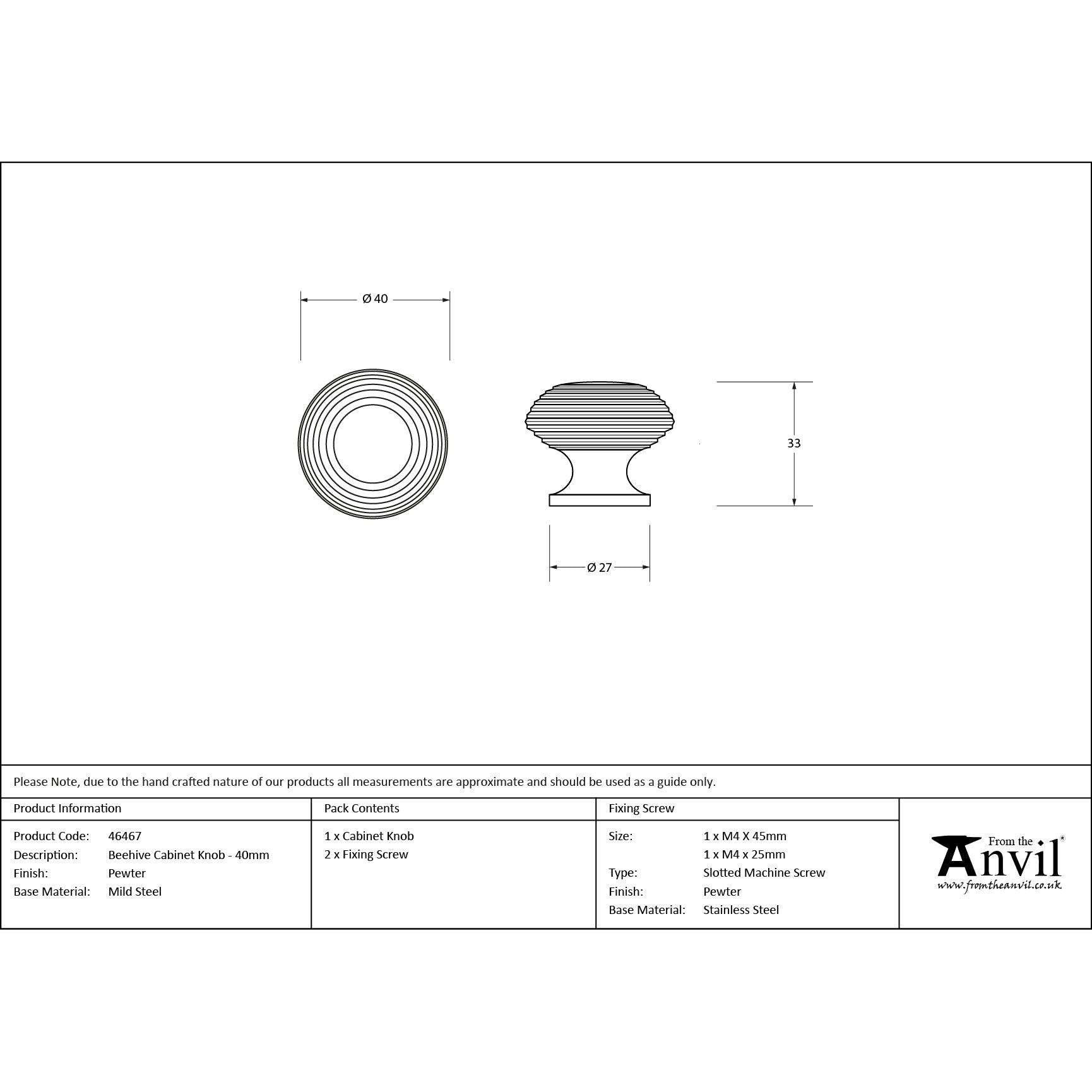Pewter Beehive Cabinet Knob 40mm | From The Anvil - Cabinet Knobs - From The Anvil - Yester Home