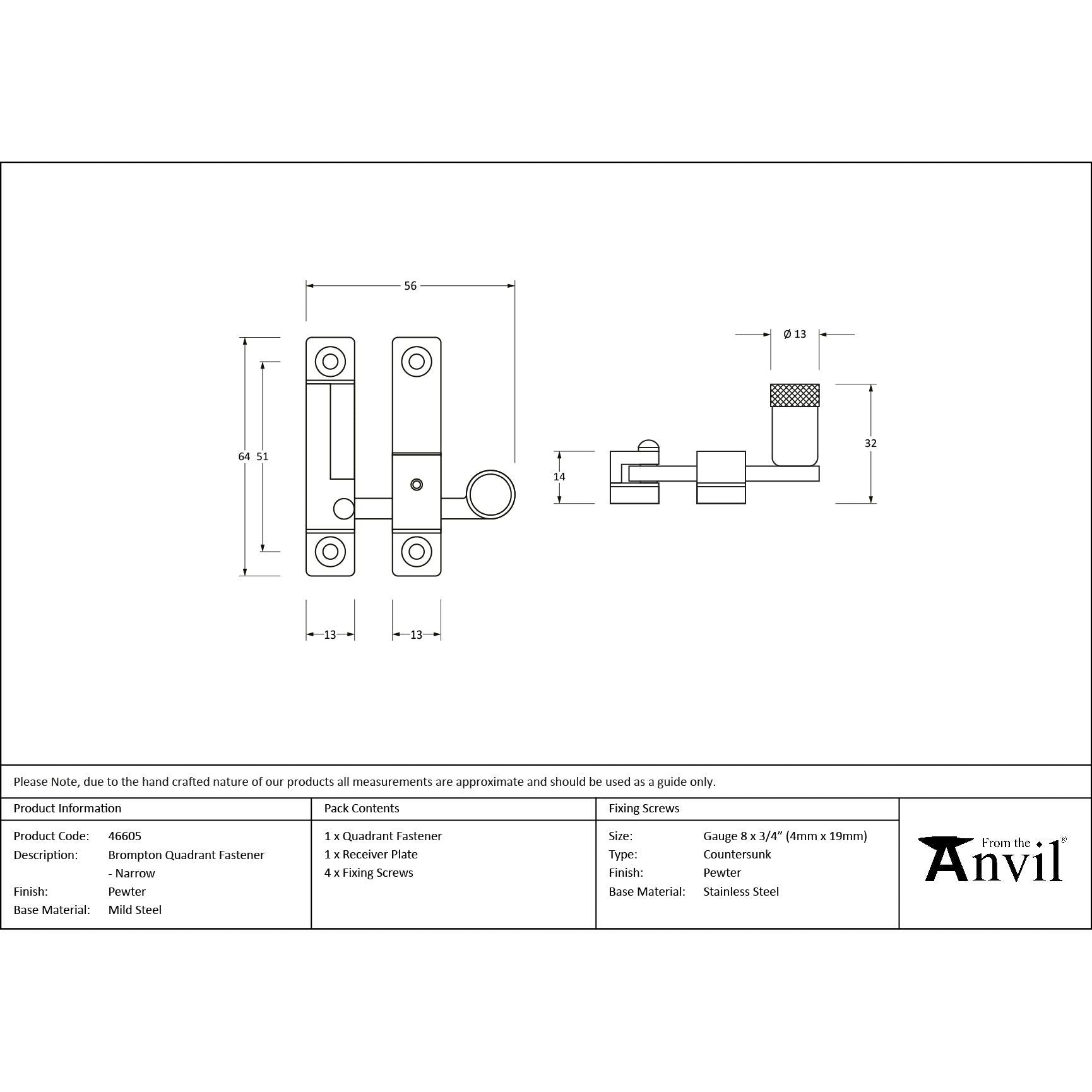 Pewter Brompton Quadrant Fastener - Narrow - Quadrant Fasteners - From The Anvil - Yester Home