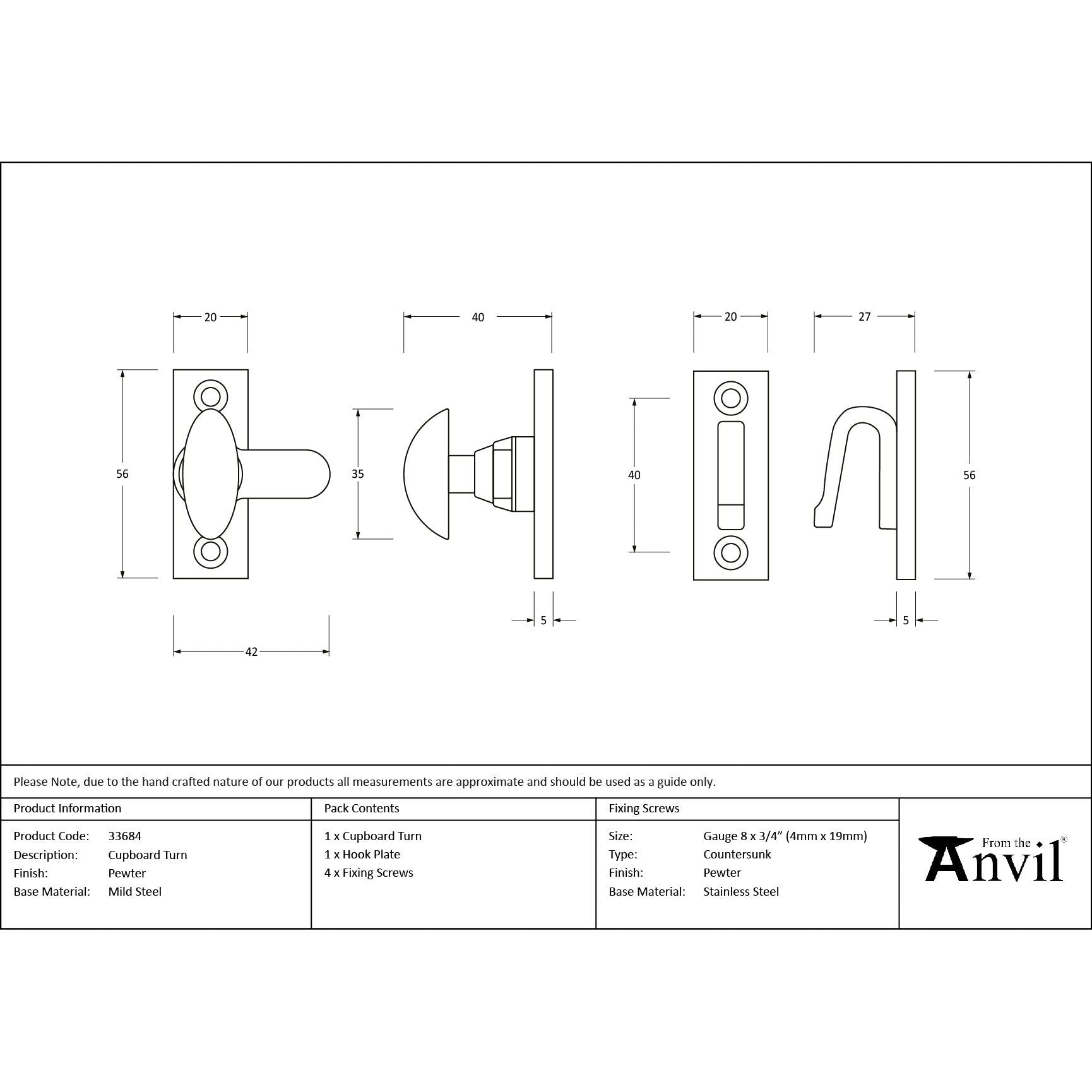 Pewter Cupboard Turn | From The Anvil - Cupboard Turns - From The Anvil - Yester Home