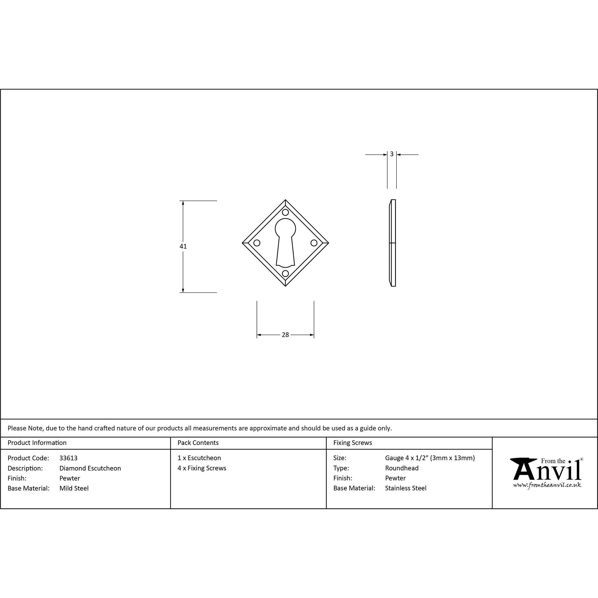 Pewter Diamond Escutcheon | From The Anvil - Escutcheons - From The Anvil - Yester Home