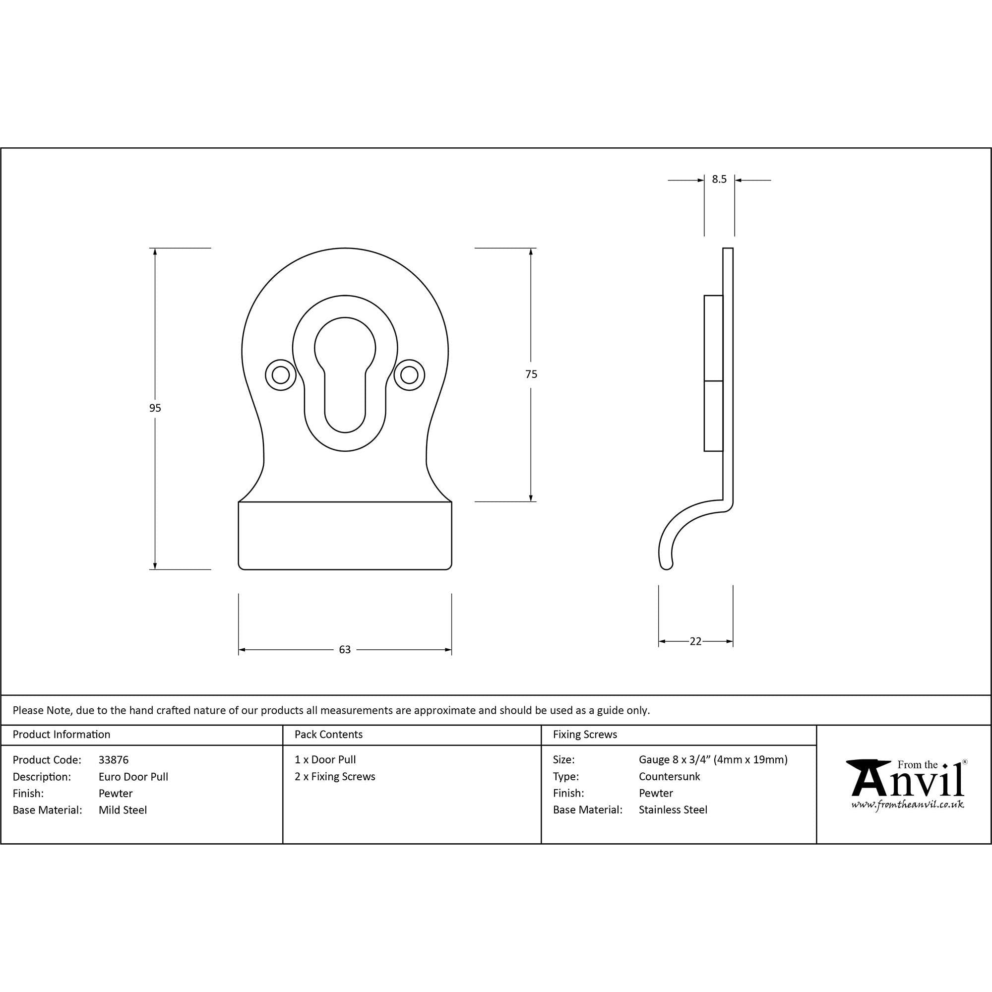 Pewter Euro Door Pull | From The Anvil - Euro Pulls - From The Anvil - Yester Home