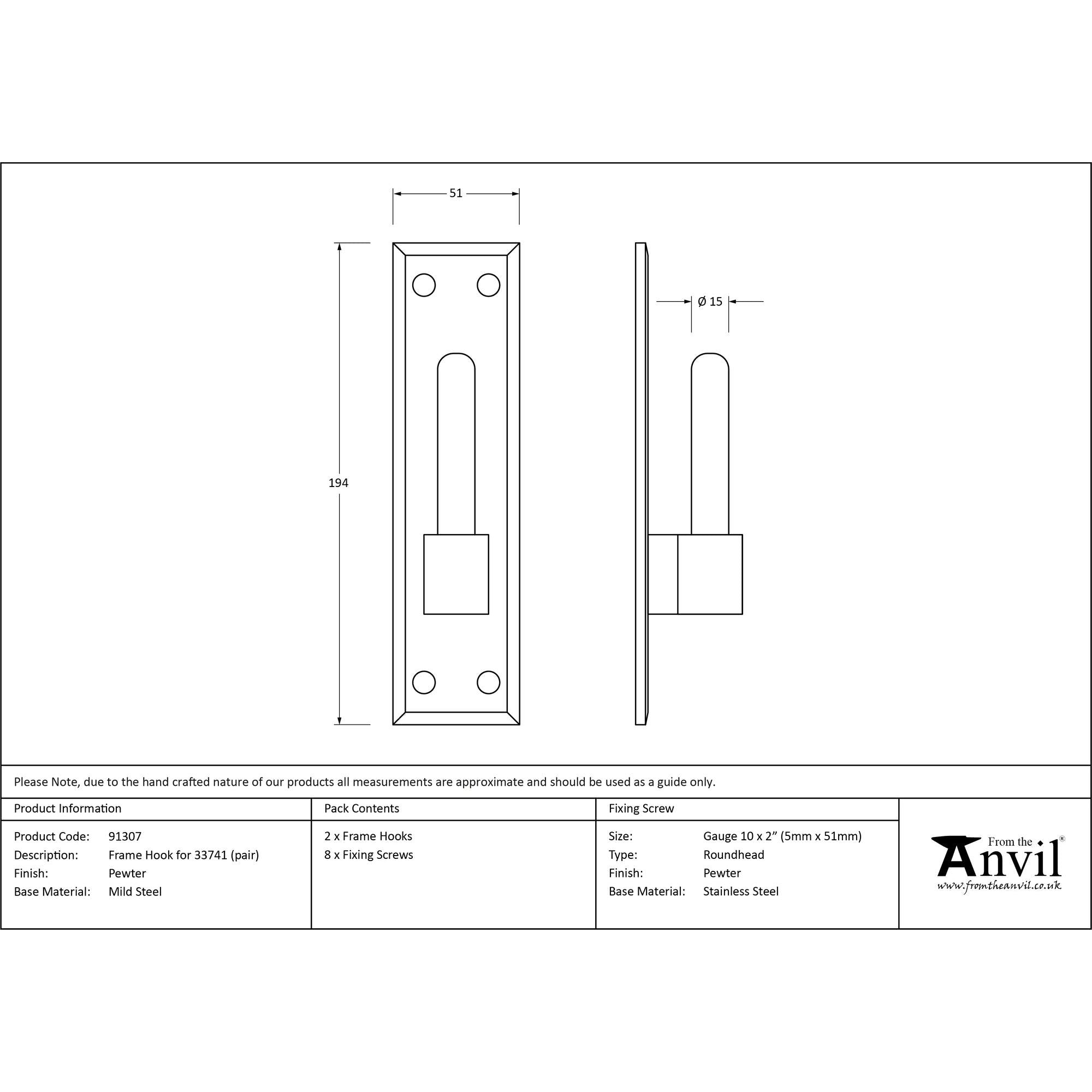Pewter Frame Hook for 33741 (pair) | From The Anvil - T Hinge Accessories - From The Anvil - Yester Home