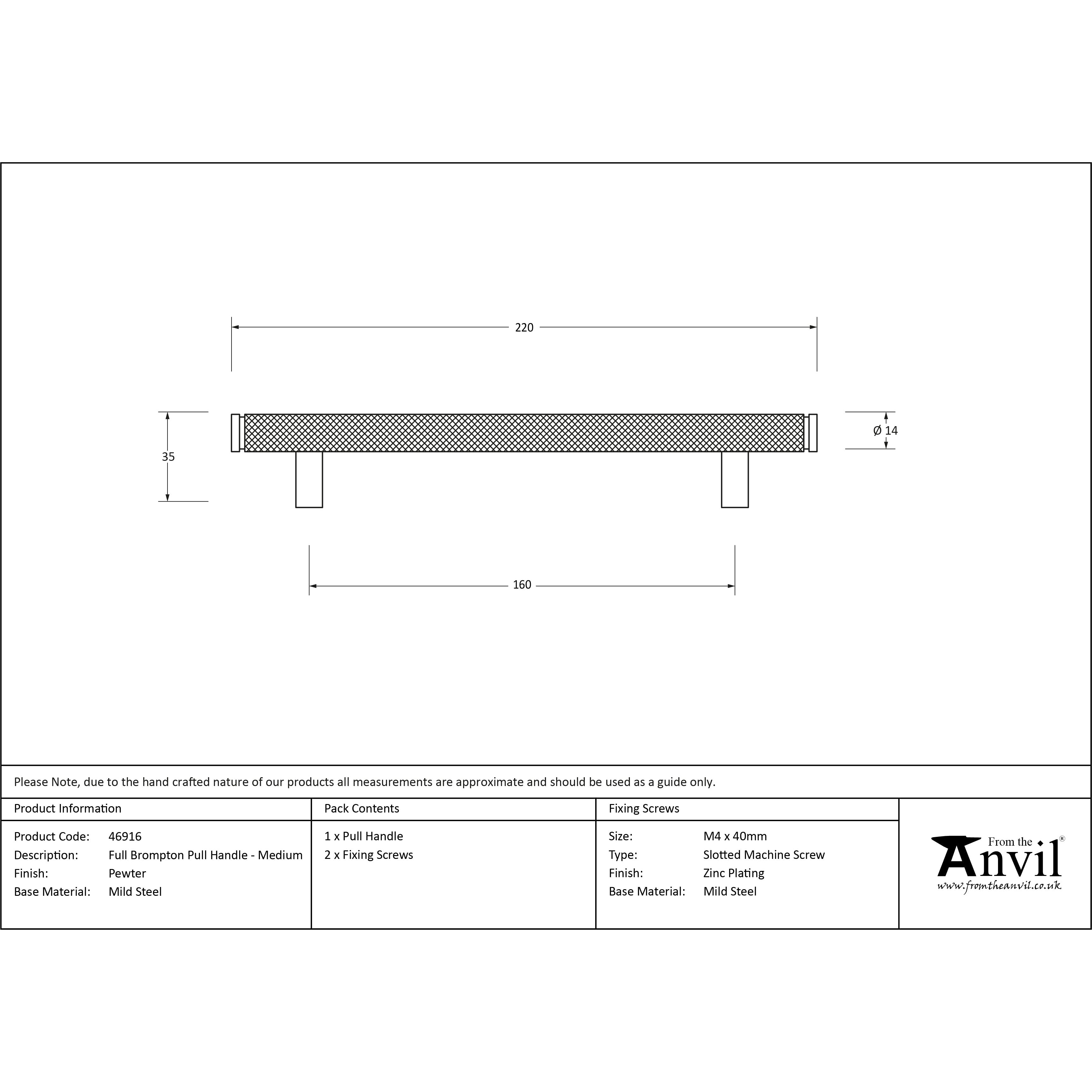 Pewter Full Brompton Pull Handle - Medium | From The Anvil-Pull Handles-Yester Home