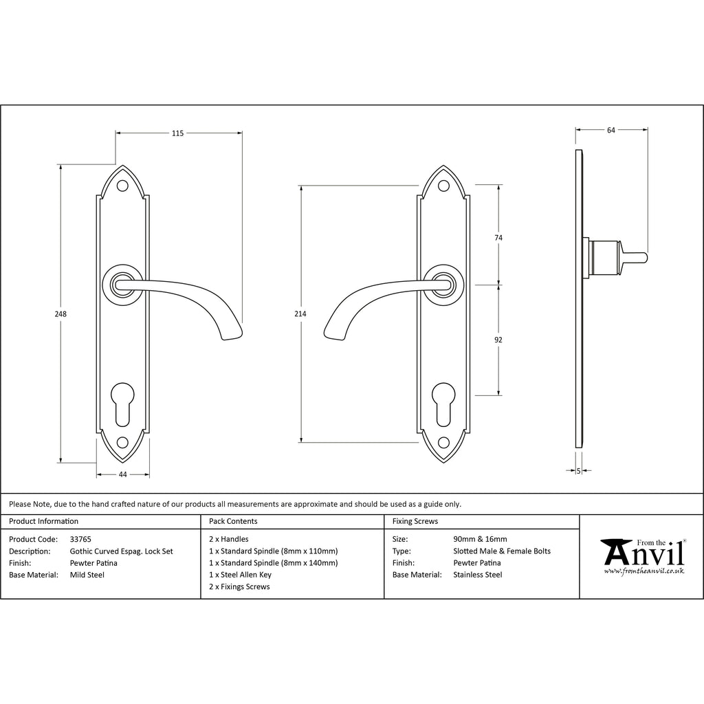 Pewter Gothic Curved Lever Espag. Lock Set | From The Anvil-Espagnolette-Yester Home