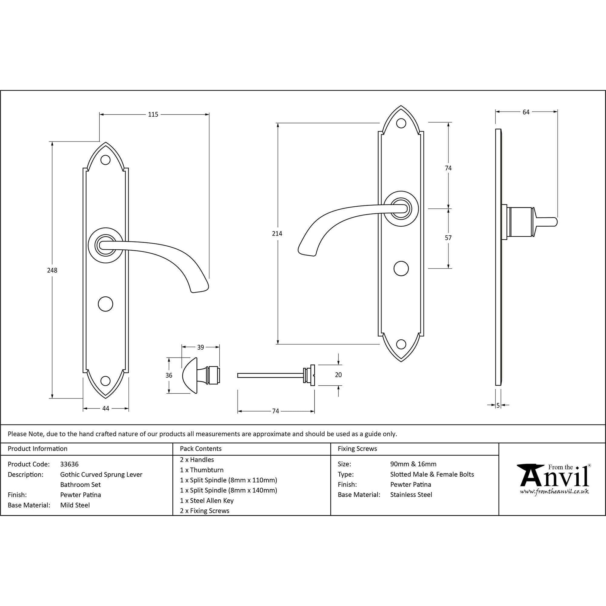 Pewter Gothic Curved Sprung Lever Bathroom Set | From The Anvil - Lever Bathroom - From The Anvil - Yester Home