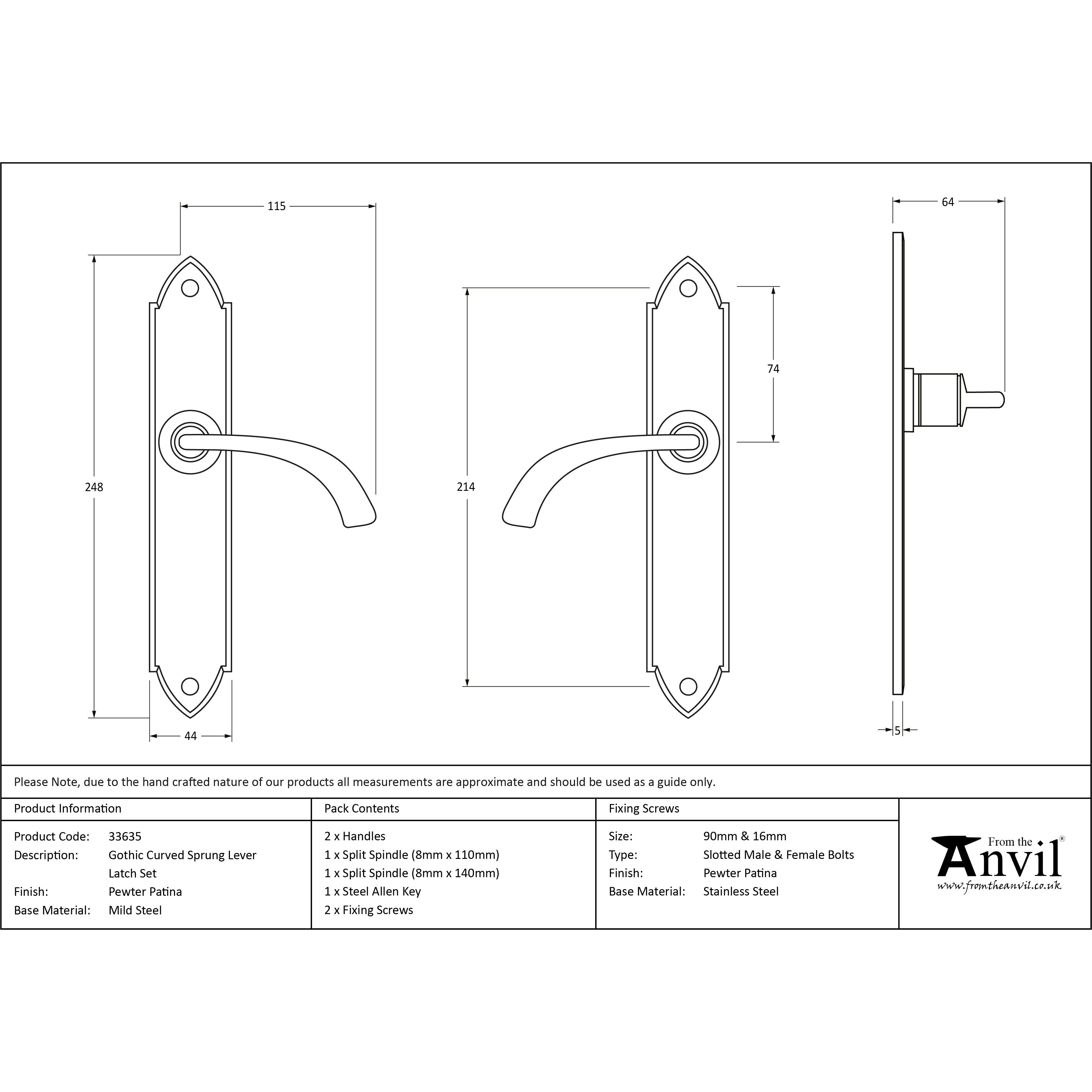 Pewter Gothic Curved Sprung Lever Latch Set | From The Anvil-Lever Latch-Yester Home
