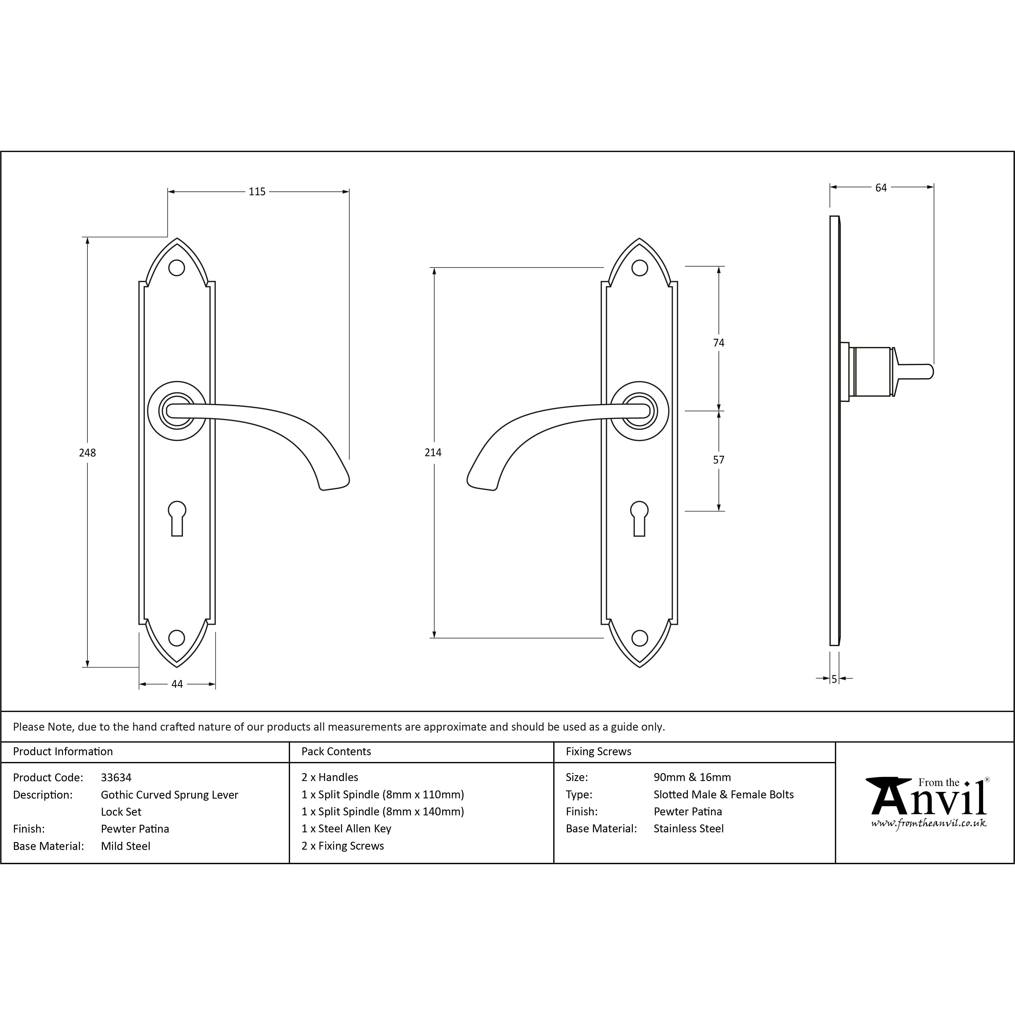 Pewter Gothic Curved Sprung Lever Lock Set | From The Anvil-Lever Lock-Yester Home