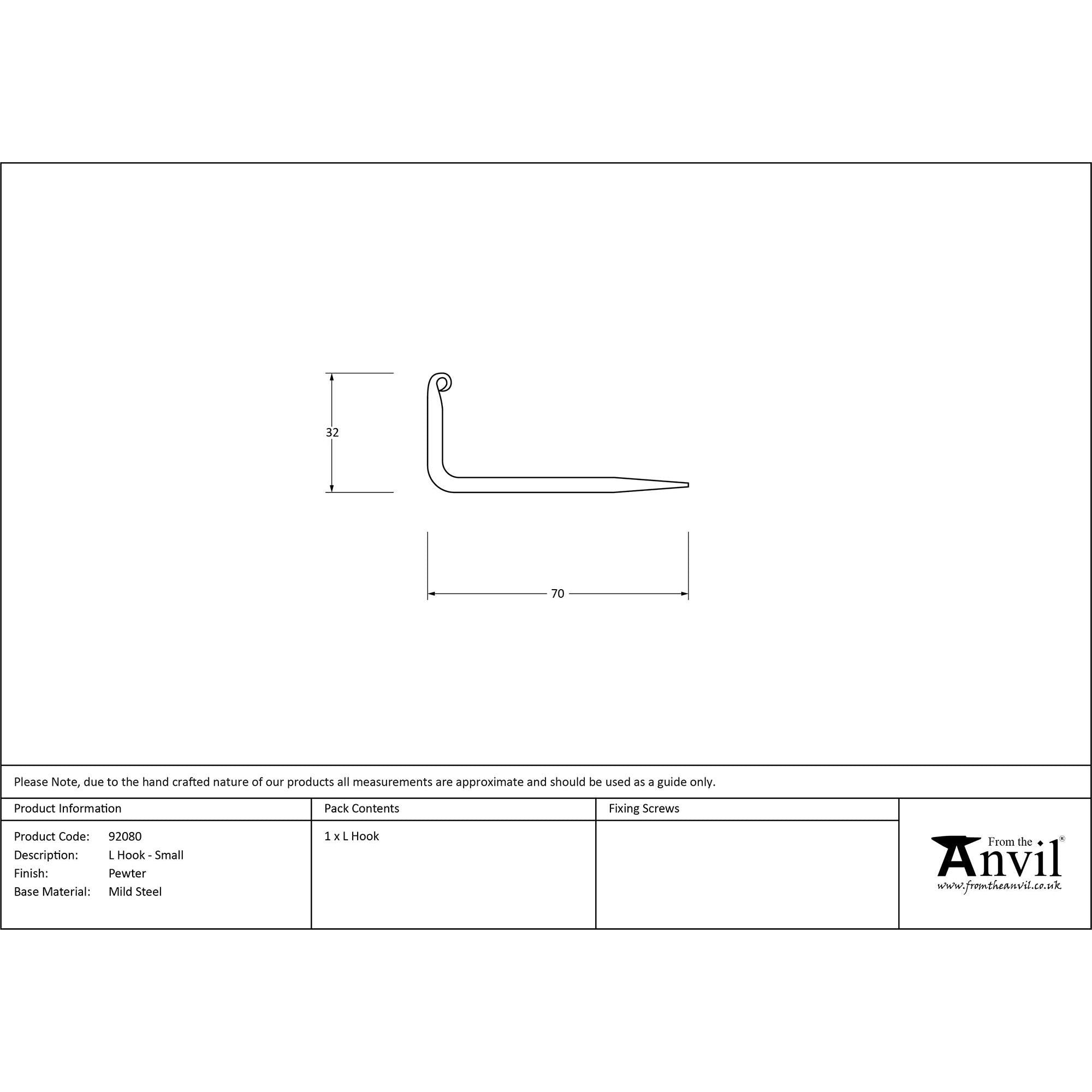 Pewter L Hook - Small | From The Anvil - L Hooks - From The Anvil - Yester Home