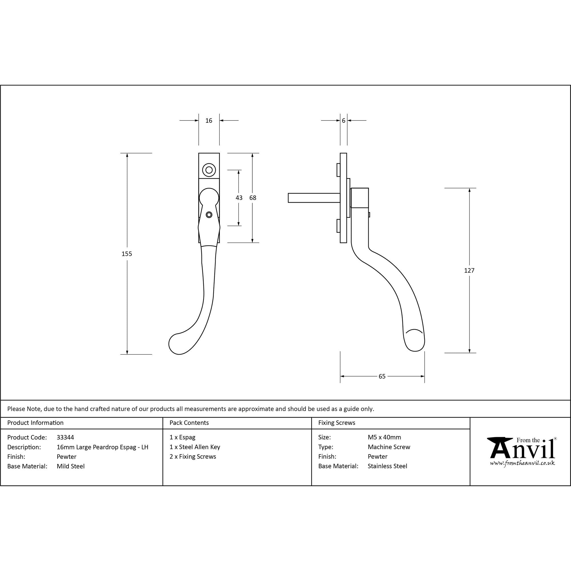Pewter Large 16mm Peardrop Espag - LH | From The Anvil - Espag. Fasteners - From The Anvil - Yester Home