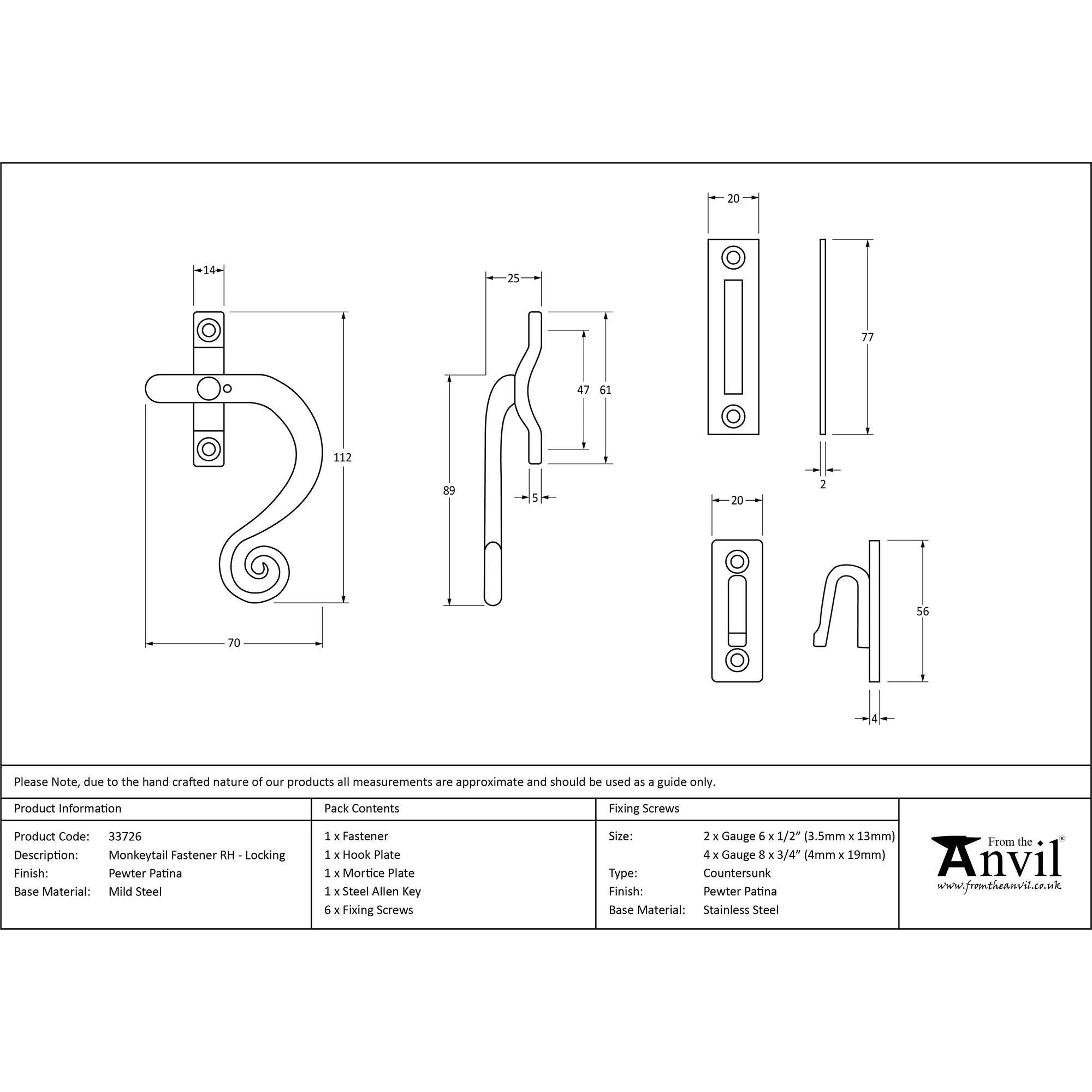 Pewter Locking Monkeytail Fastener - RH | From The Anvil - Locking Fasteners - From The Anvil - Yester Home