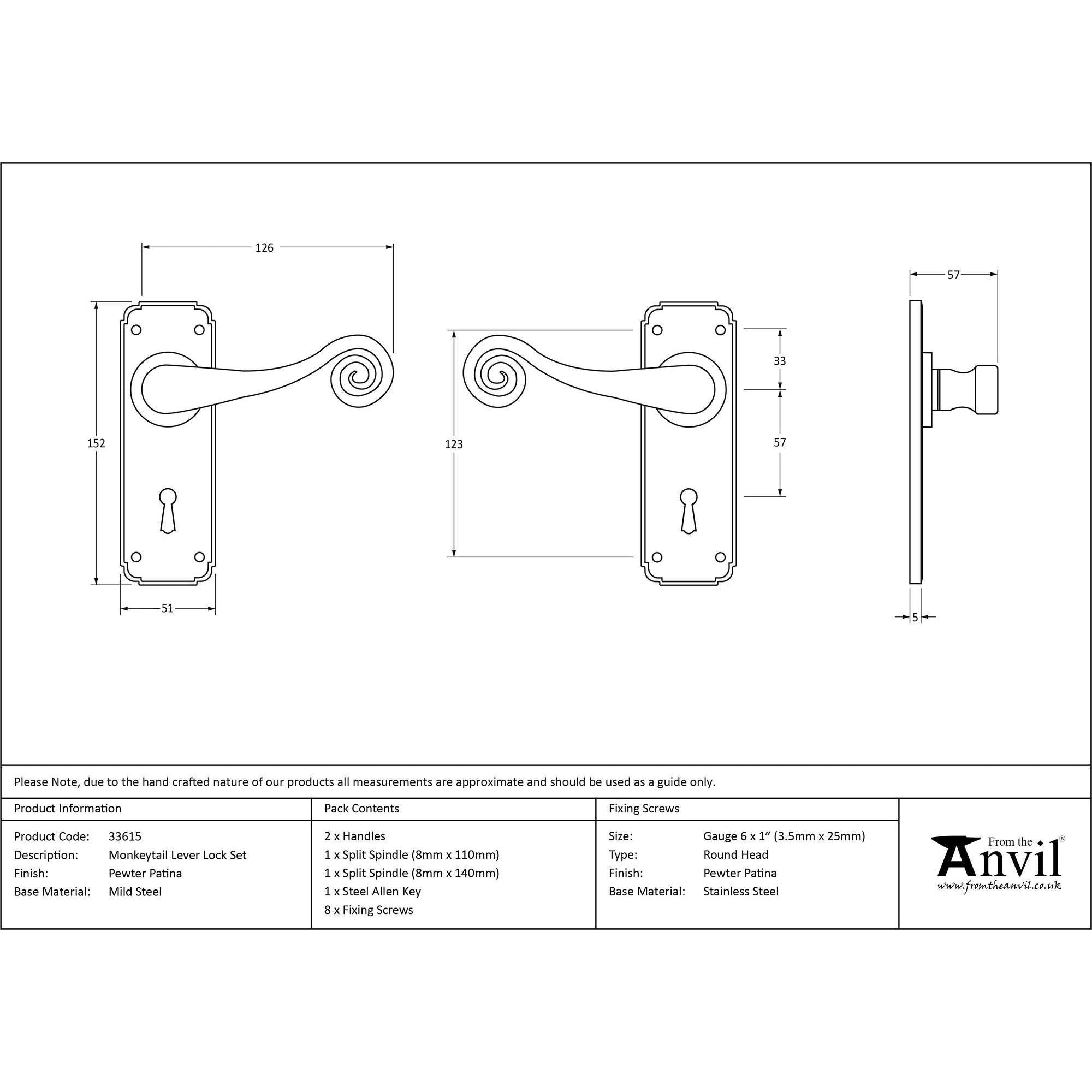 Pewter Monkeytail Lever Lock Set | From The Anvil - Lever Lock - From The Anvil - Yester Home