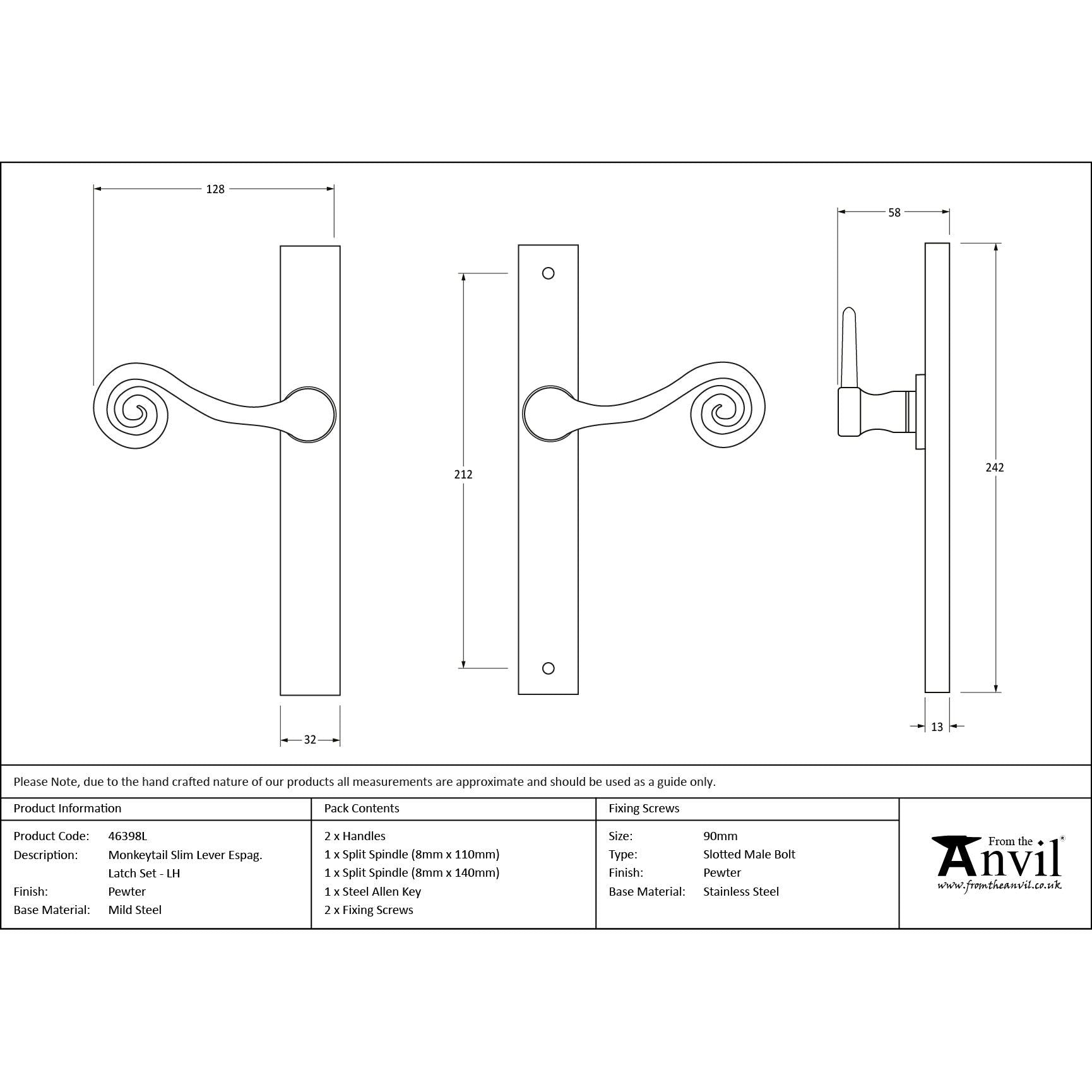 Pewter Monkeytail Slimline Lever Espag. Latch Set - LH | From The Anvil - Espagnolette - From The Anvil - Yester Home