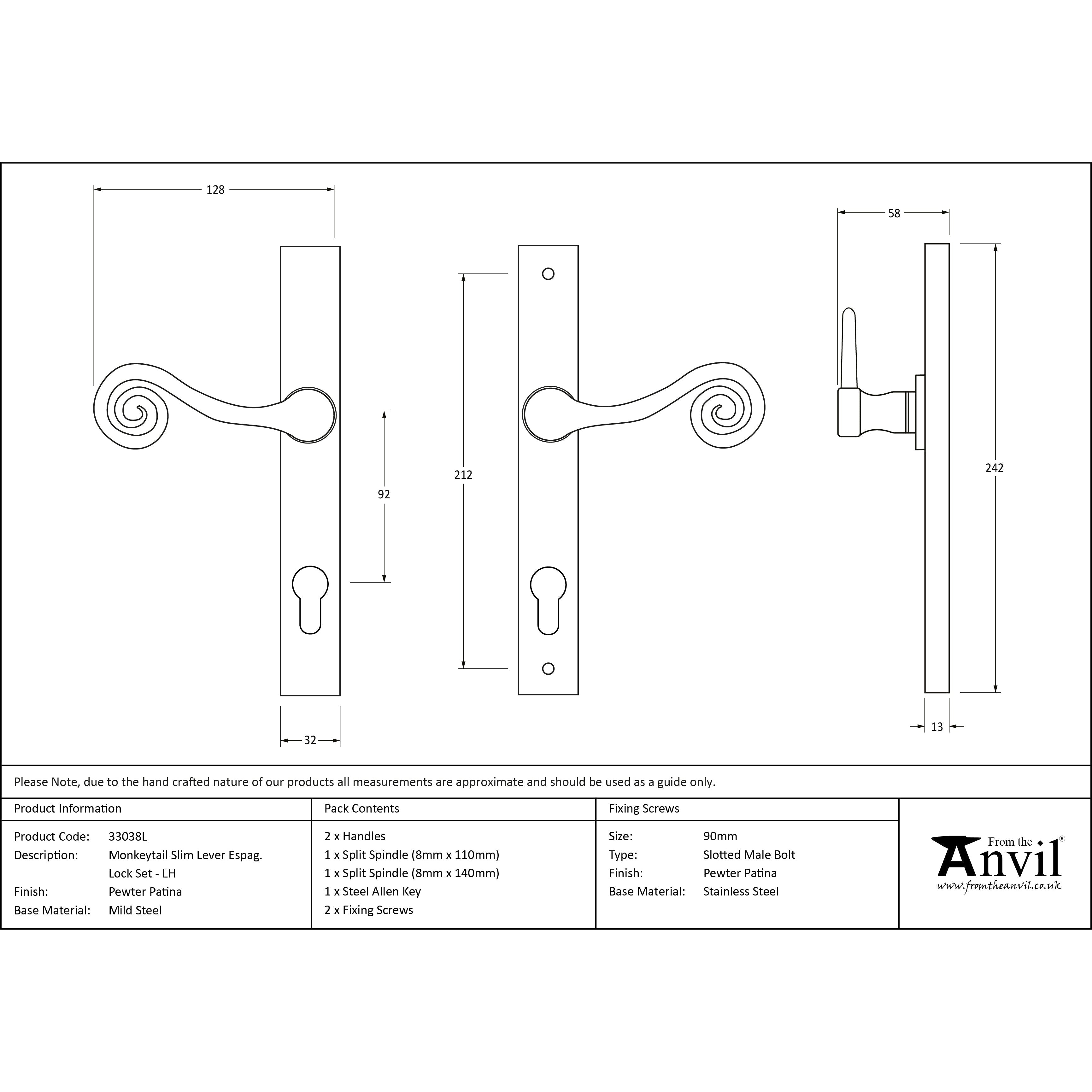 Pewter Monkeytail Slimline Lever Espag. Lock Set - LH | From The Anvil-Espagnolette-Yester Home