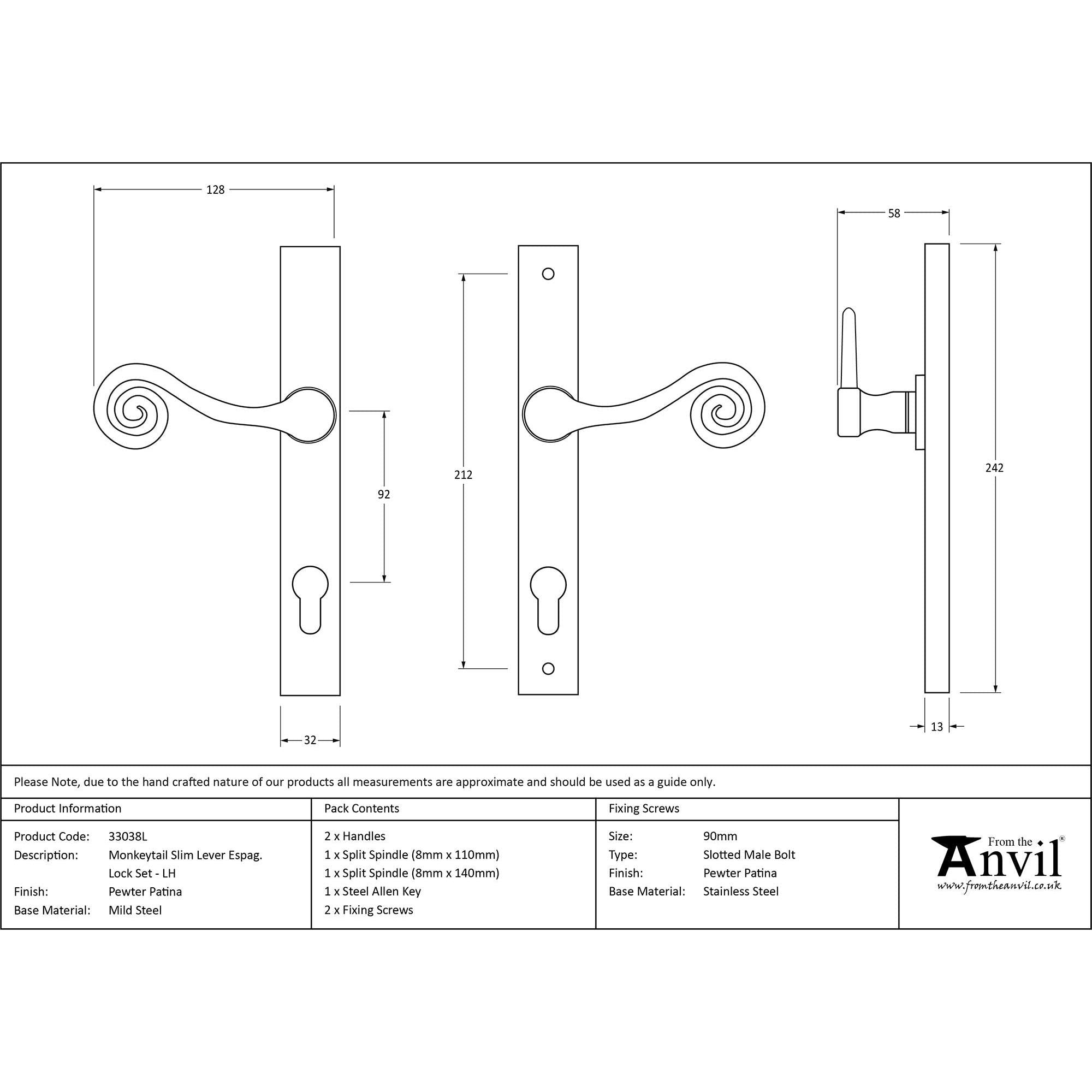 Pewter Monkeytail Slimline Lever Espag. Lock Set - LH | From The Anvil - Espagnolette - From The Anvil - Yester Home