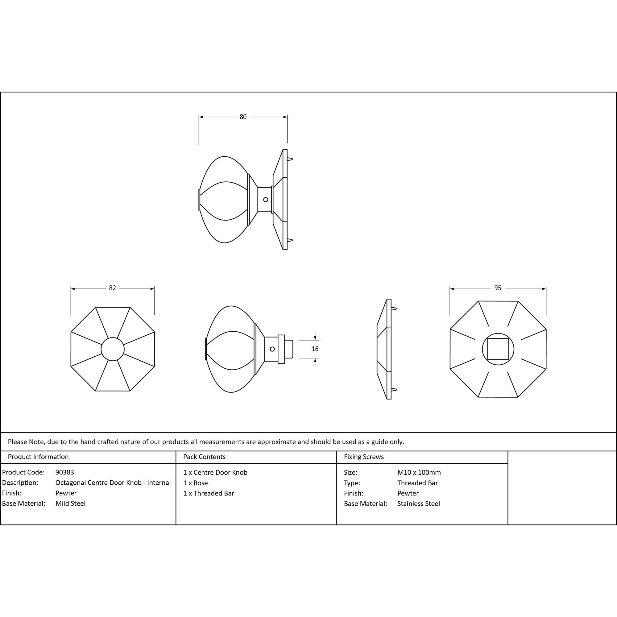 Pewter Octagonal Centre Door Knob - Internal | From The Anvil - Centre Door Knobs - From The Anvil - Yester Home