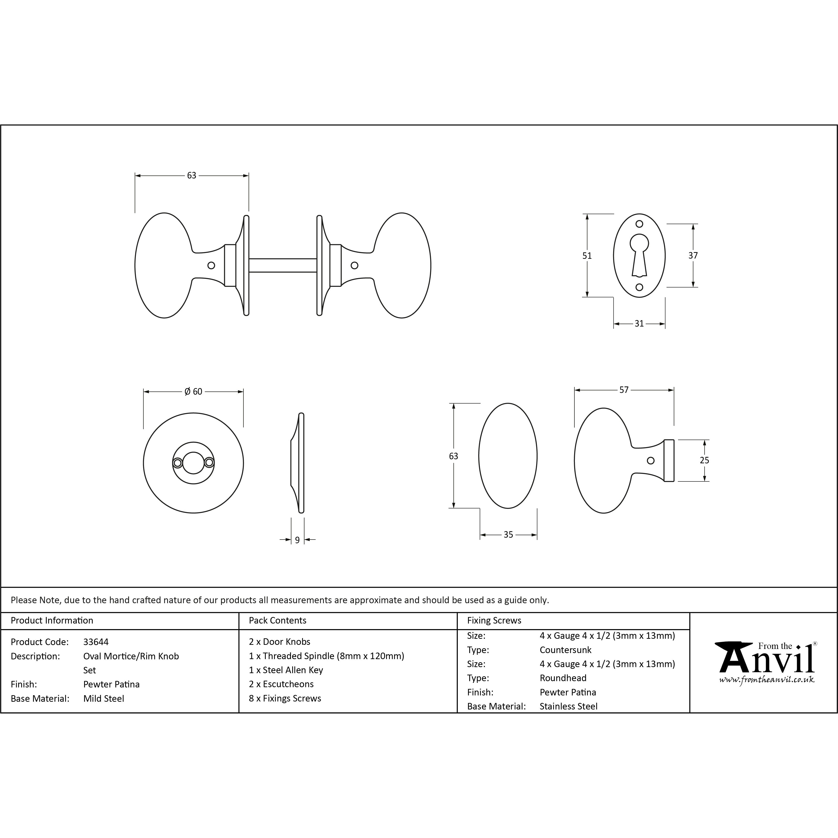 Pewter Oval Mortice/Rim Knob Set | From The Anvil-Mortice Knobs-Yester Home