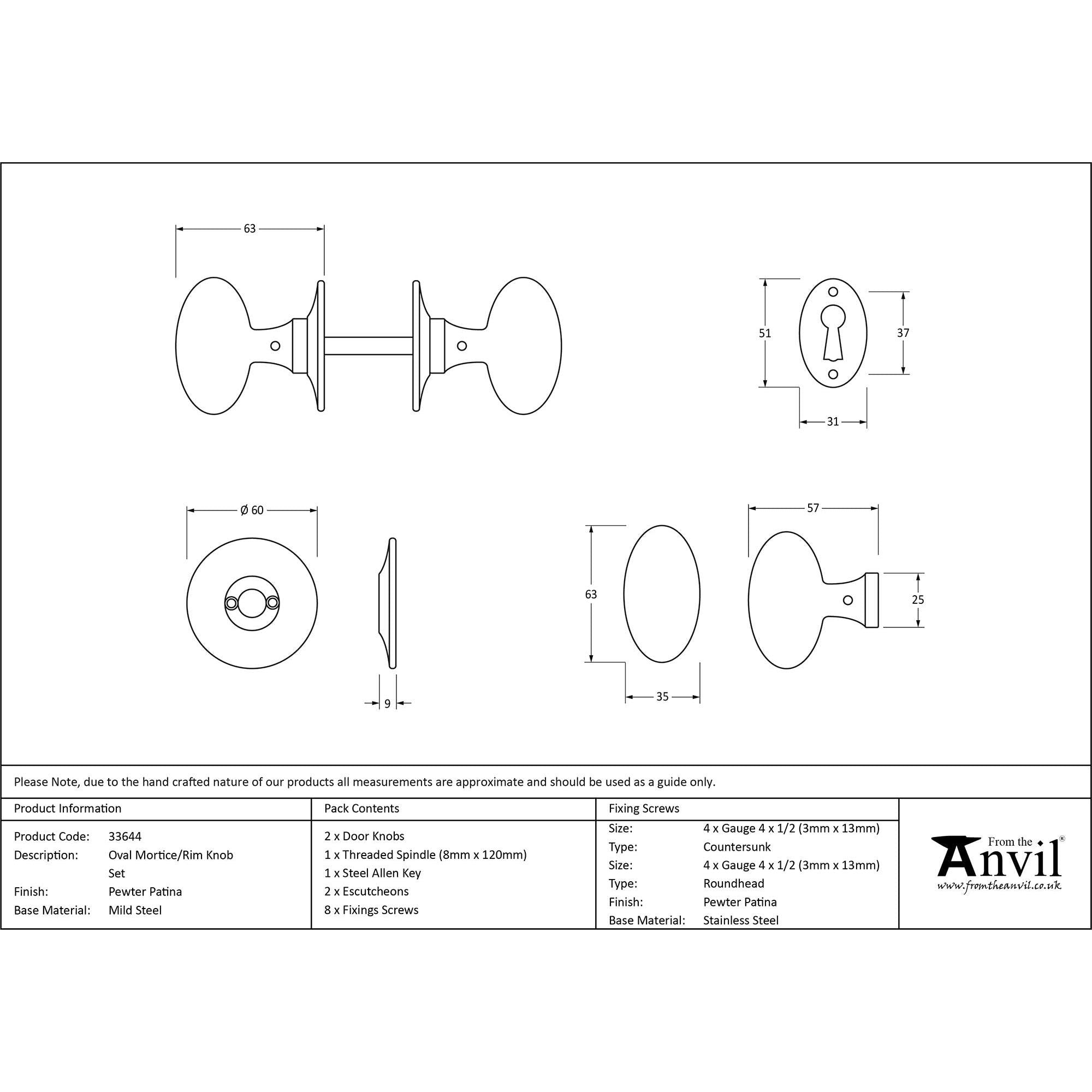 Pewter Oval Mortice/Rim Knob Set | From The Anvil - Mortice Knobs - From The Anvil - Yester Home