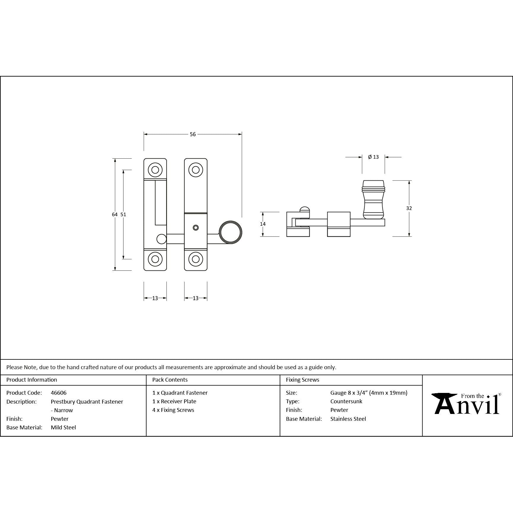 Pewter Prestbury Quadrant Fastener - Narrow - Quadrant Fasteners - From The Anvil - Yester Home