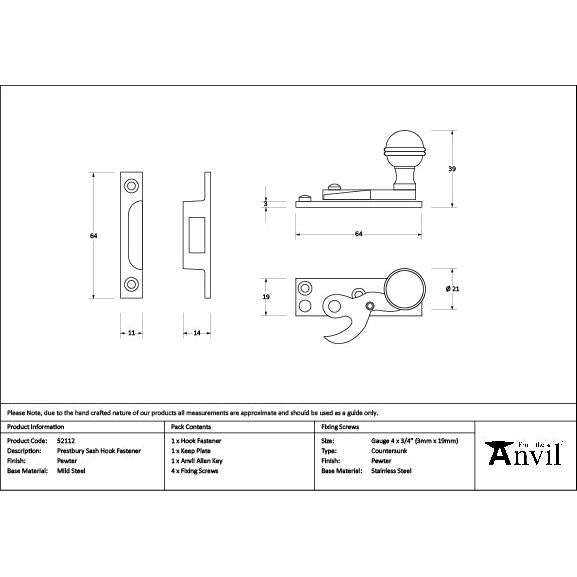 Pewter Prestbury Sash Hook Fastener - Sash Hook Fasteners - From The Anvil - Yester Home
