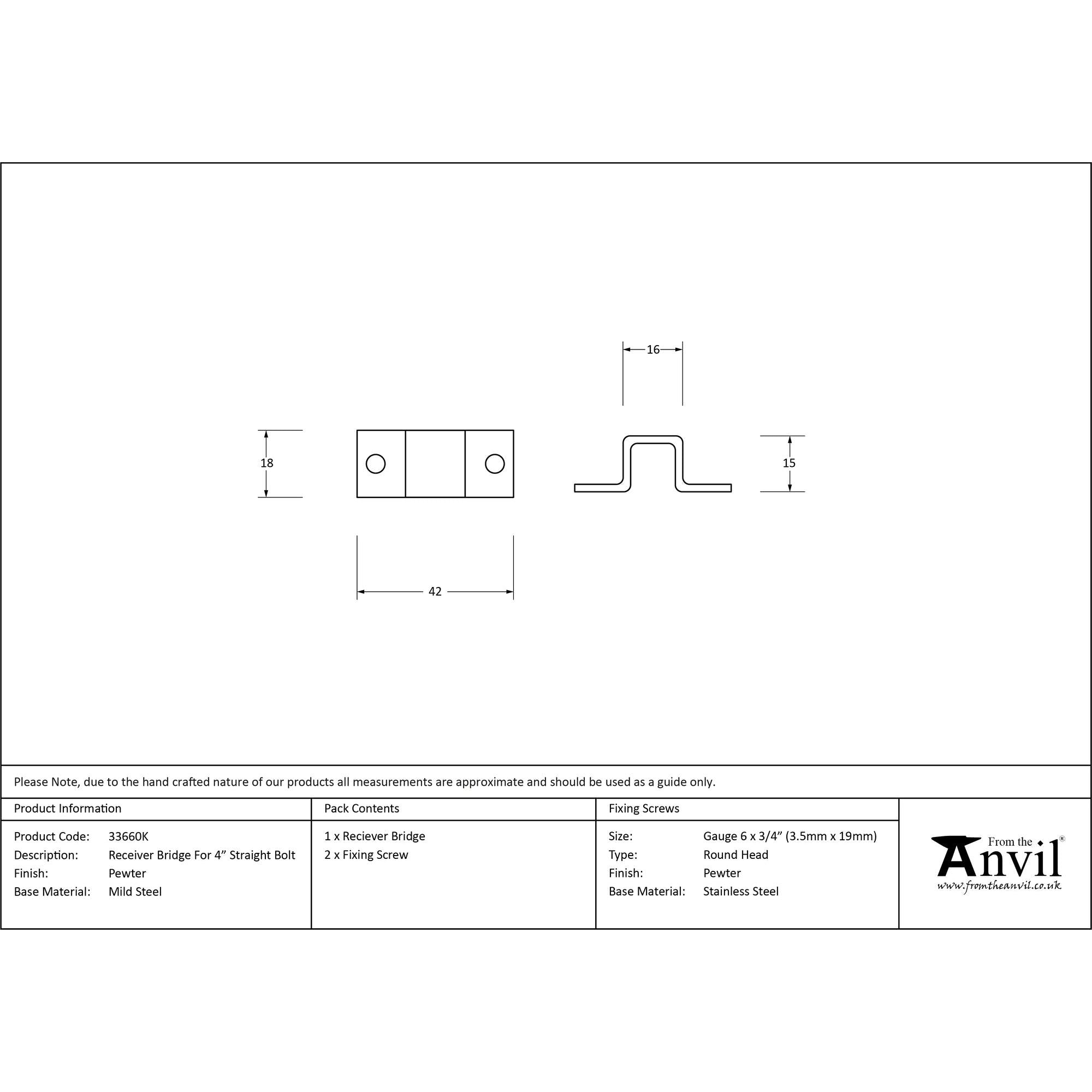Pewter Receiver Bridge For 4" Straight Bolt | From The Anvil - Bolt Accessories - From The Anvil - Yester Home