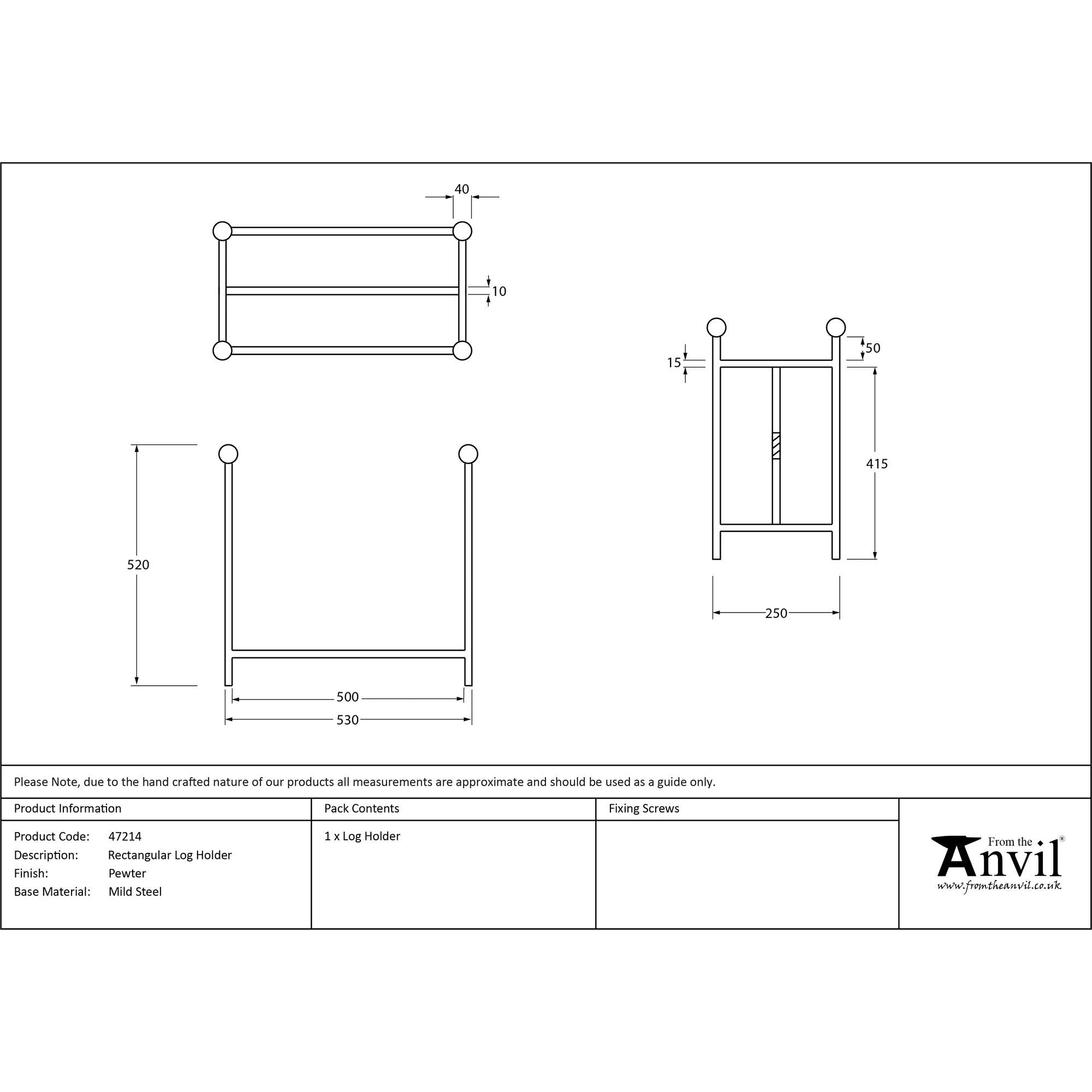 Pewter Rectangular Log Holder | From The Anvil - Log Holders - From The Anvil - Yester Home