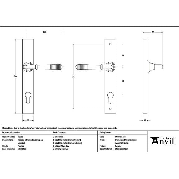 Pewter Reeded Slimline Lever Espag. Lock Set - Espagnolette - From The Anvil - Yester Home