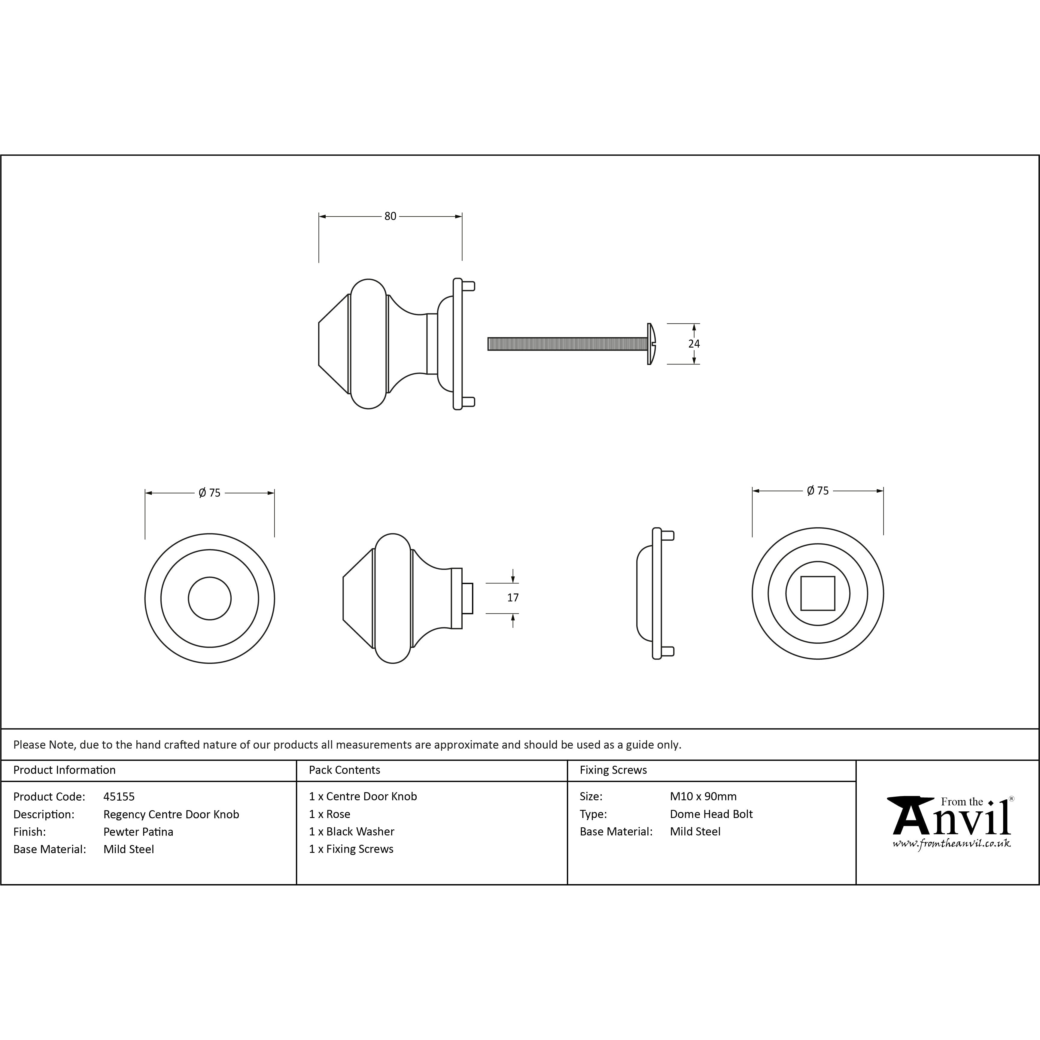 Pewter Regency Centre Door Knob | From The Anvil-Centre Door Knobs-Yester Home