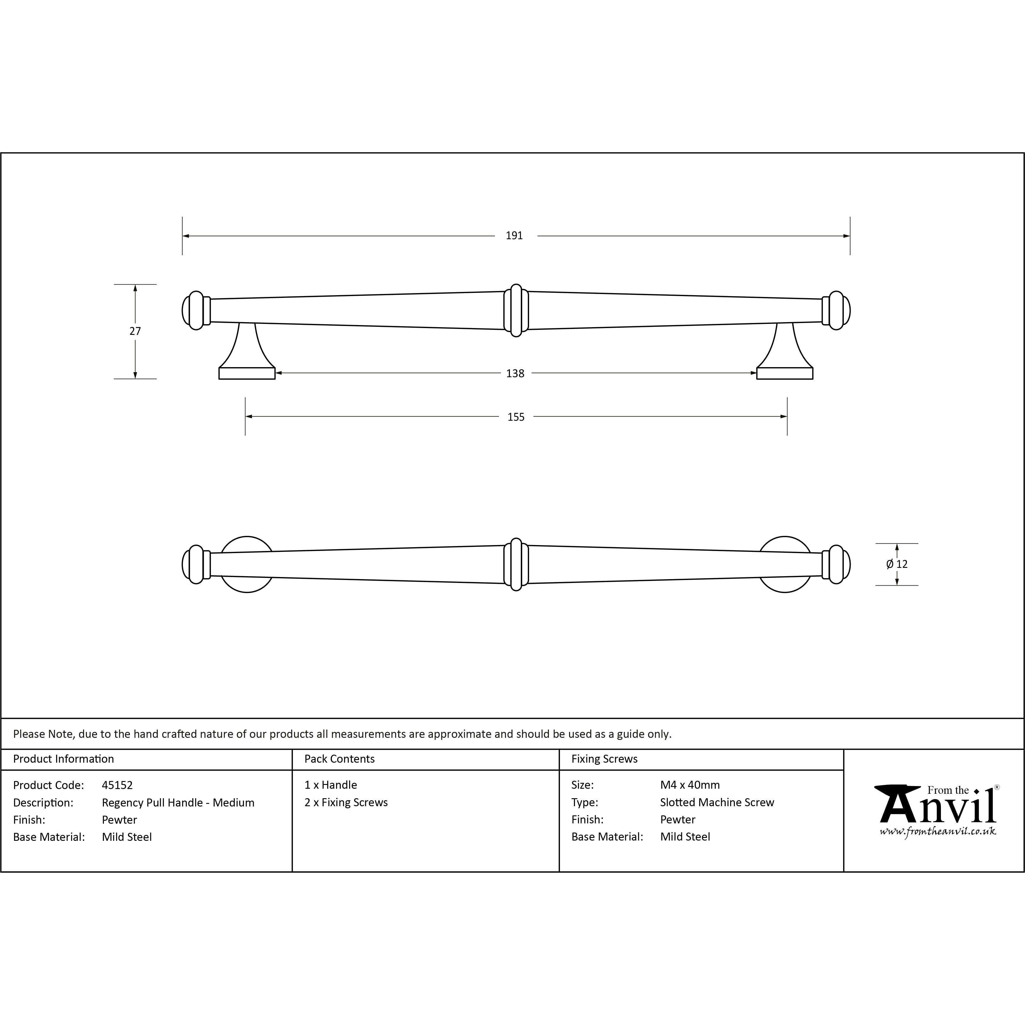 Pewter Regency Pull Handle - Medium | From The Anvil-Pull Handles-Yester Home