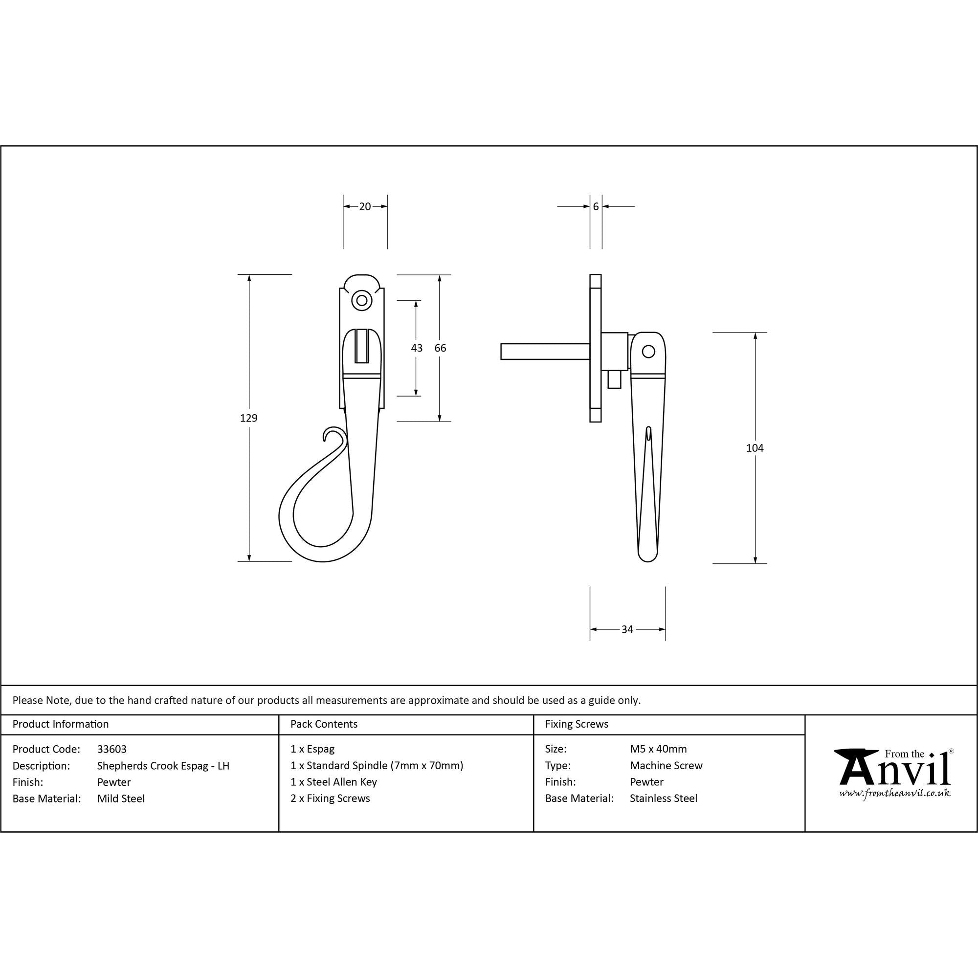 Pewter Shepherd's Crook Espag - LH | From The Anvil - Espag. Fasteners - From The Anvil - Yester Home