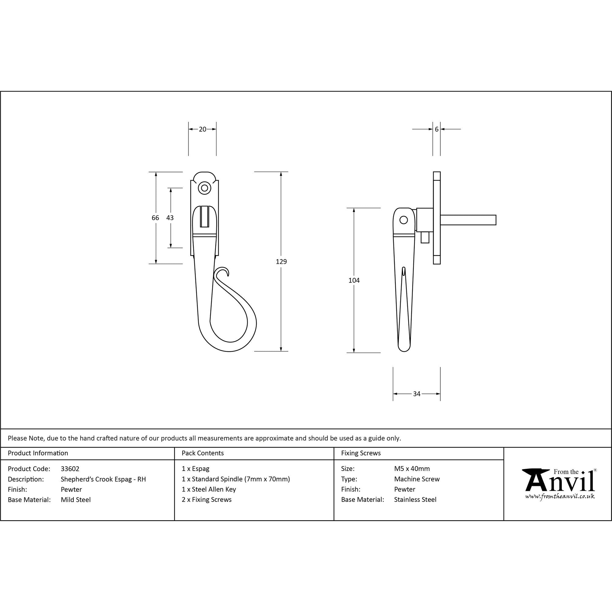 Pewter Shepherd's Crook Espag - RH | From The Anvil - Espag. Fasteners - From The Anvil - Yester Home