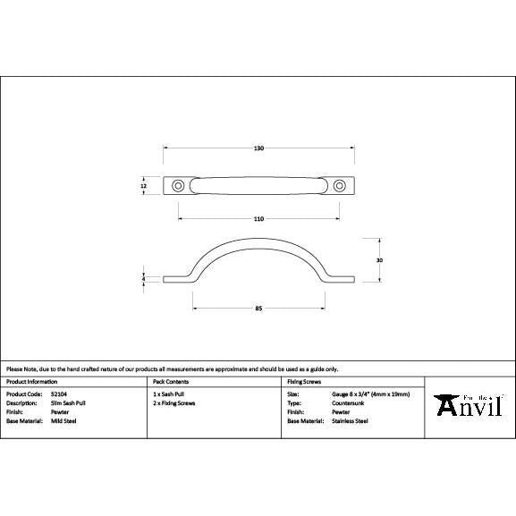 Pewter Slim Sash Pull - Sash Lifts - From The Anvil - Yester Home