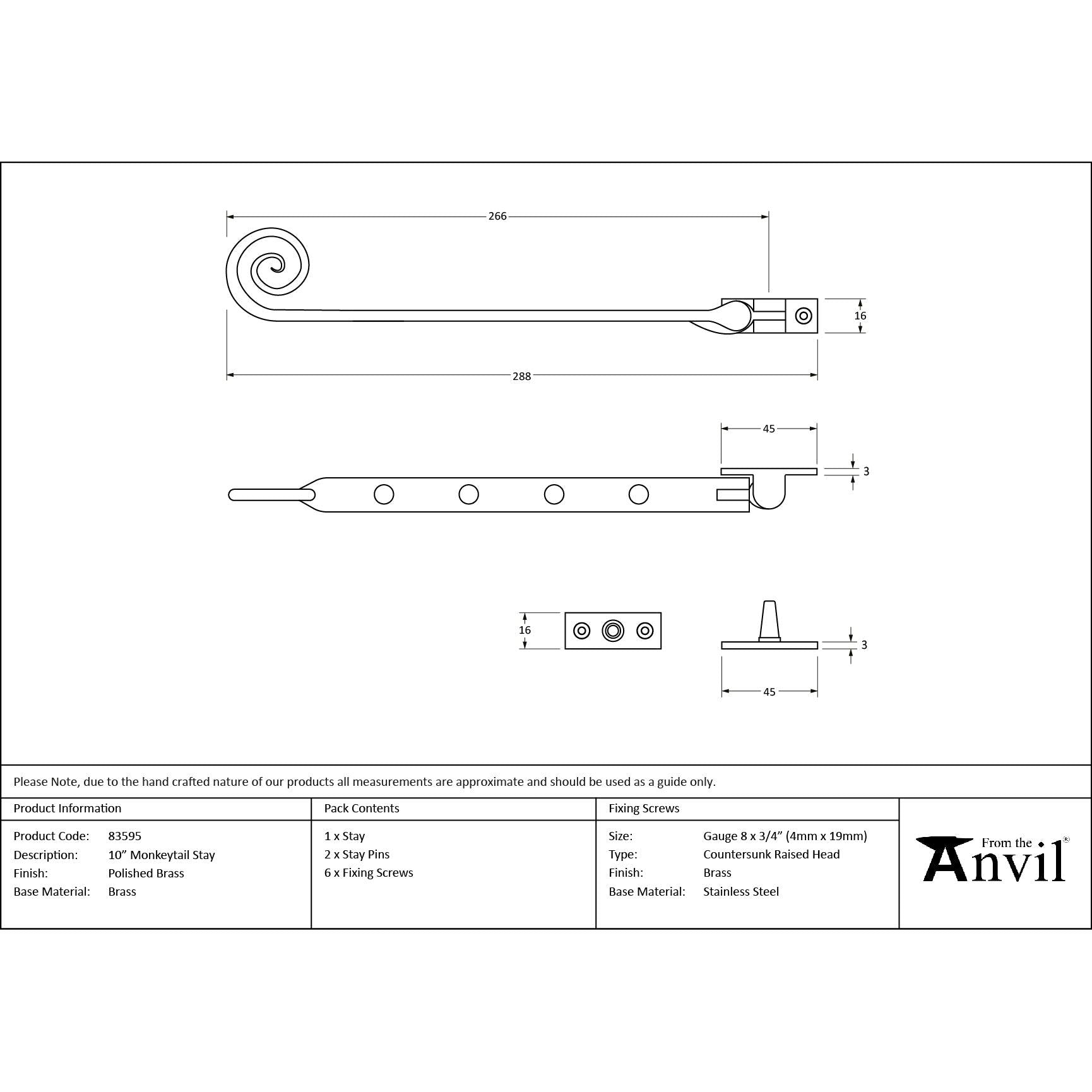 Polished Brass 10" Monkeytail Stay | From The Anvil - Stays - From The Anvil - Yester Home