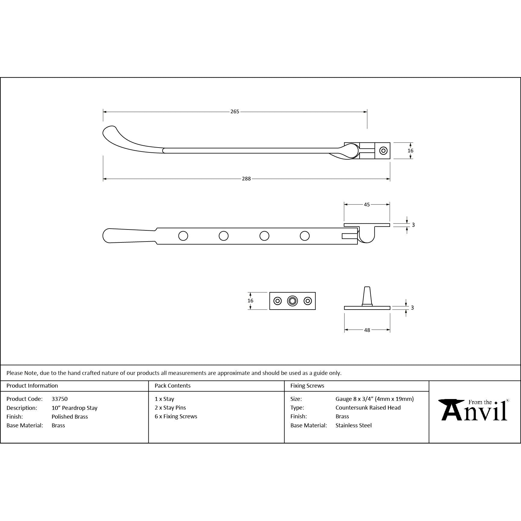 Polished Brass 10" Peardrop Stay | From The Anvil - Stays - From The Anvil - Yester Home