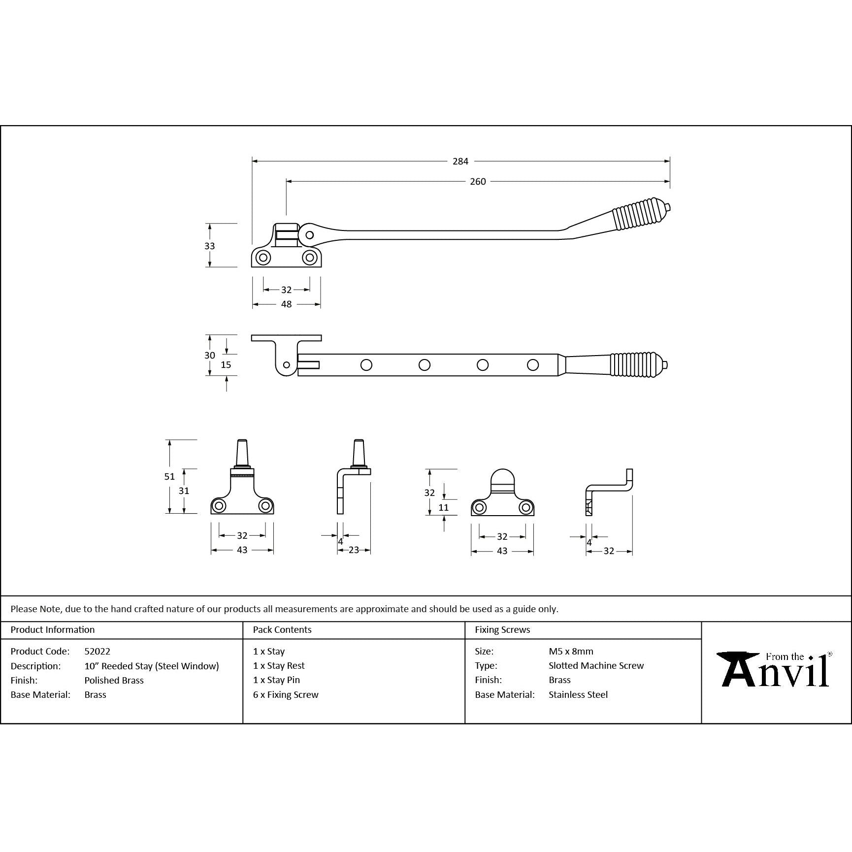 Polished Brass 10" Reeded Stay (Steel Window) - Stays - From The Anvil - Yester Home