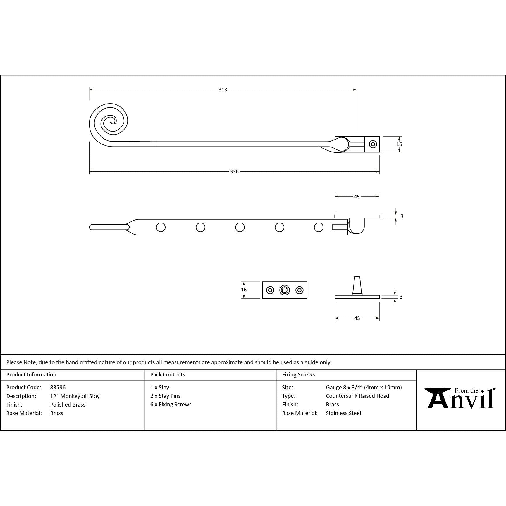 Polished Brass 12" Monkeytail Stay | From The Anvil - Stays - From The Anvil - Yester Home