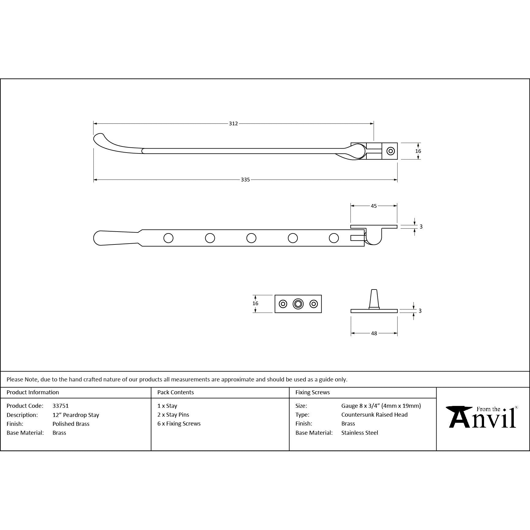 Polished Brass 12" Peardrop Stay | From The Anvil - Stays - From The Anvil - Yester Home
