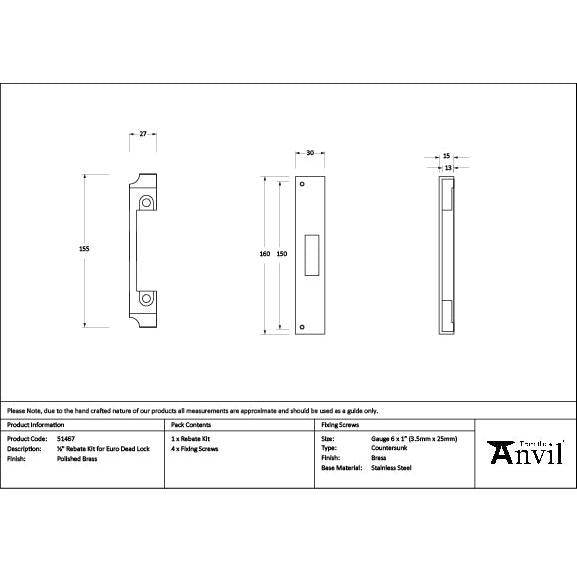 Polished Brass ½" Rebate Kit for Euro Dead Lock - Deadlocks & Deadbolts - From The Anvil - Yester Home