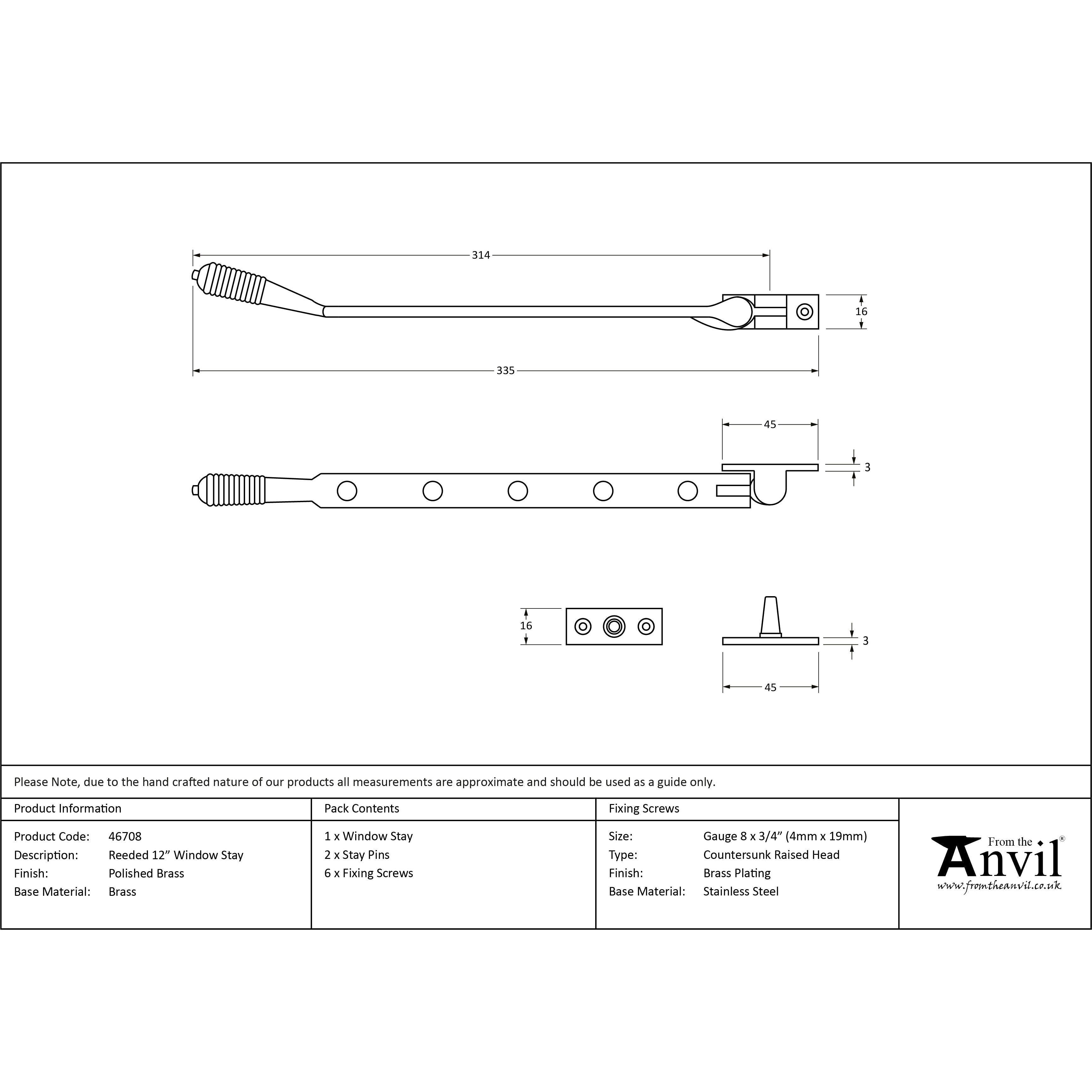 Polished Brass 12" Reeded Stay | From The Anvil-Stays-Yester Home