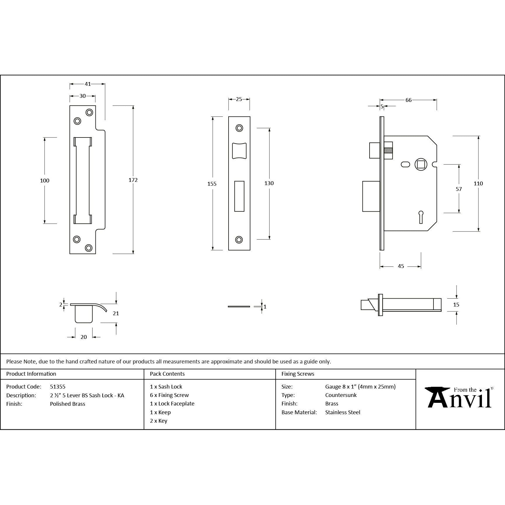 Polished Brass 2½" 5 Lever BS Sash Lock KA - Sash Locks - From The Anvil - Yester Home