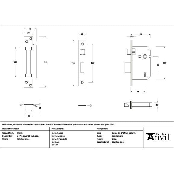 Polished Brass 2½" 5 Lever BS Sash Lock - Sash Locks - From The Anvil - Yester Home