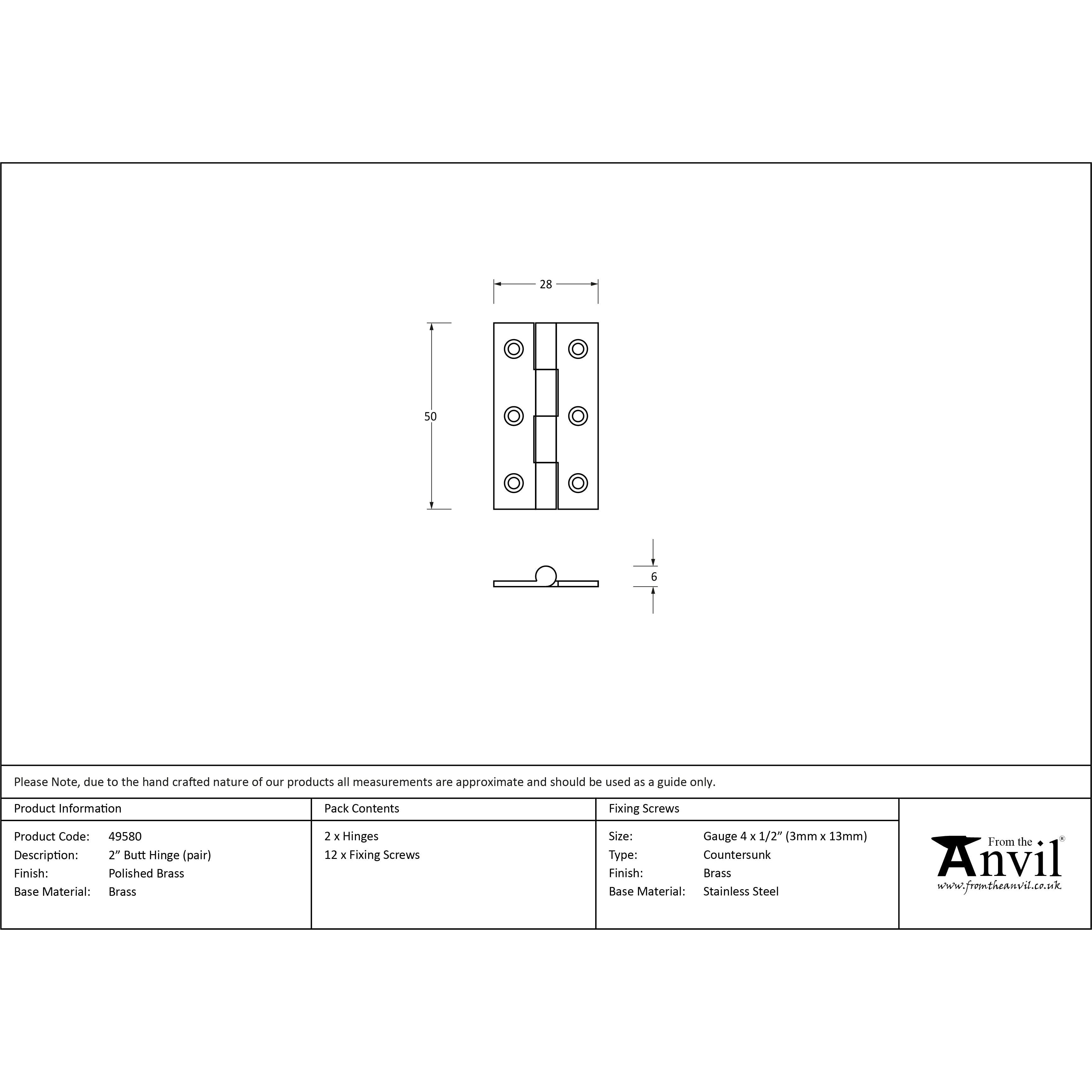 Polished Brass 2" Butt Hinge (pair) | From The Anvil-Butt Hinges-Yester Home