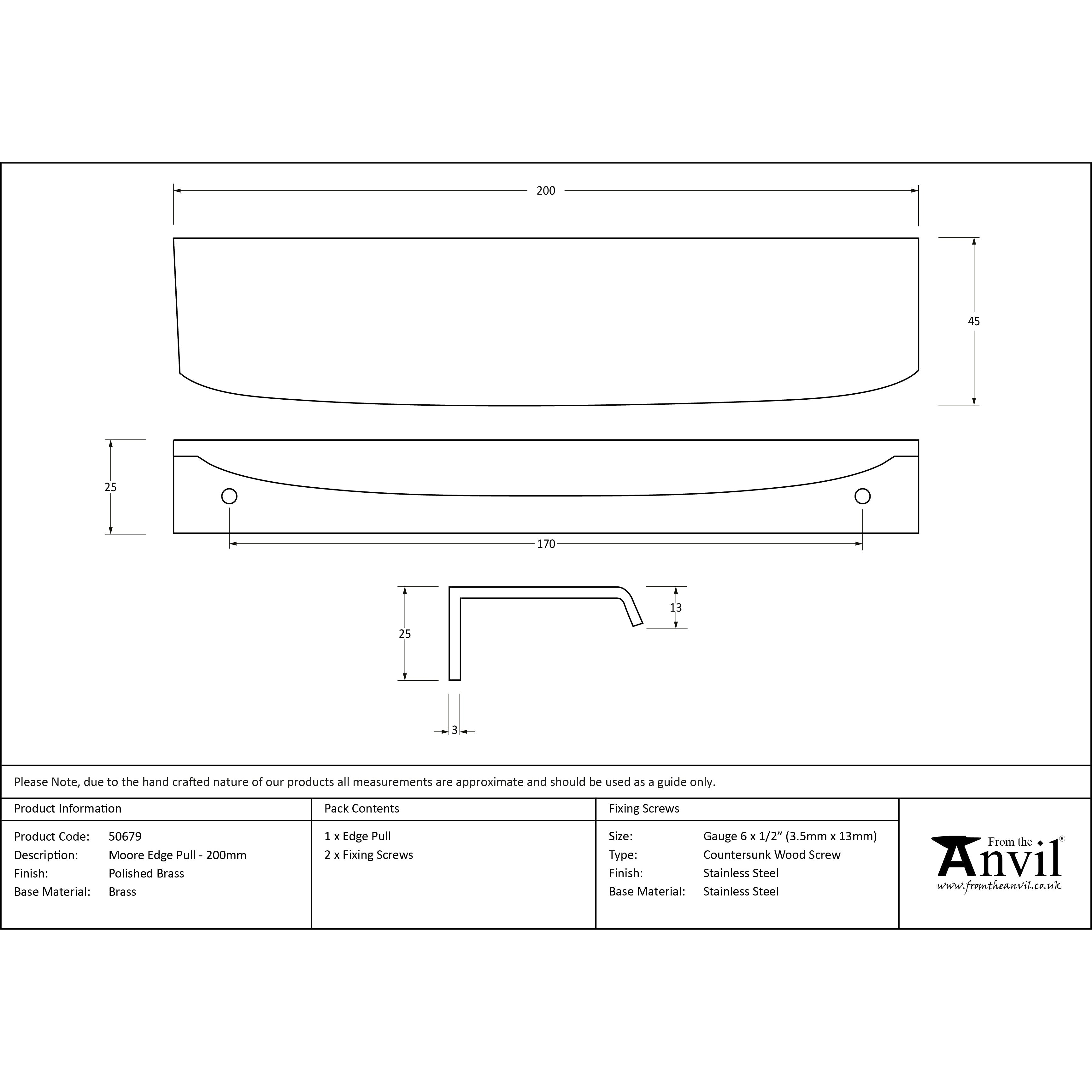 Polished Brass 200mm Moore Edge Pull | From The Anvil-Cabinet Pulls-Yester Home
