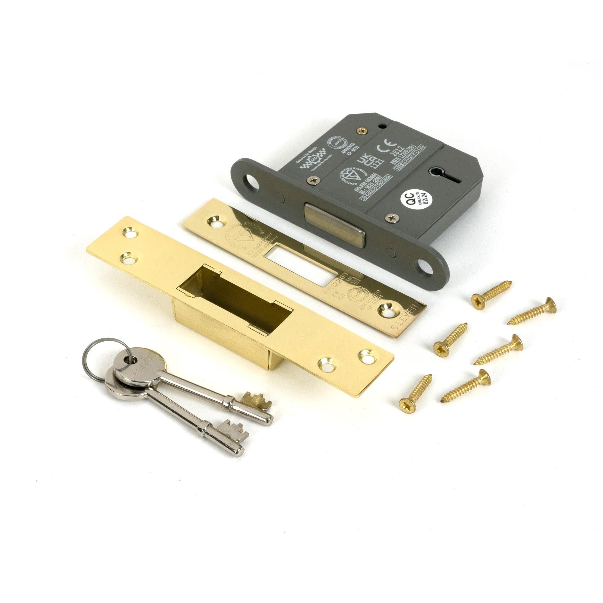 Polished Brass 3" 5 Lever BS Dead Lock KA - Deadlocks & Deadbolts - From The Anvil - Yester Home